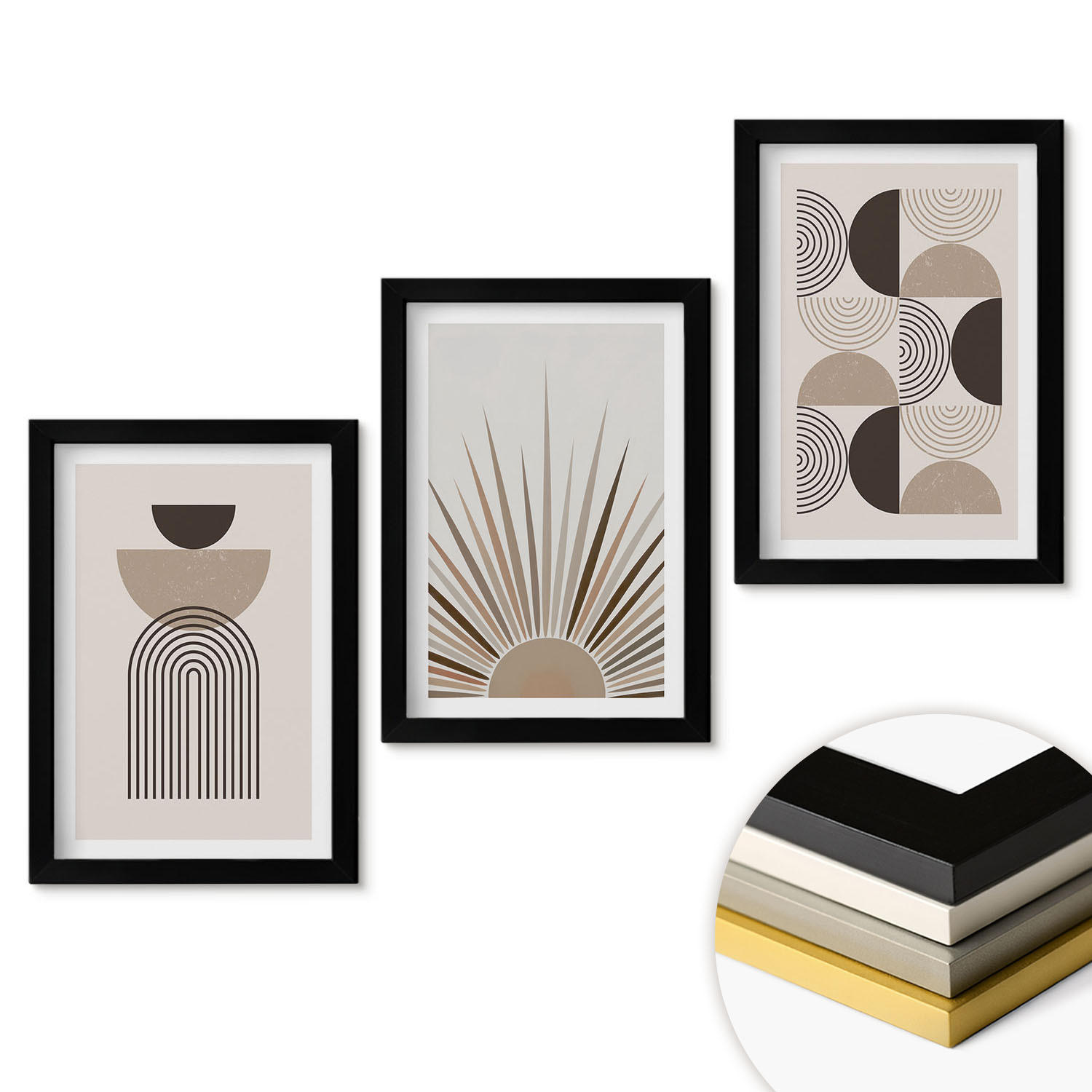 WANDBILDER 3er-Set - 20x30 cm Schwarzer Rahmen - Abstrakte Formen beige braun - Schwarz, Kunststoff (20/30cm) - ArtPrintCave