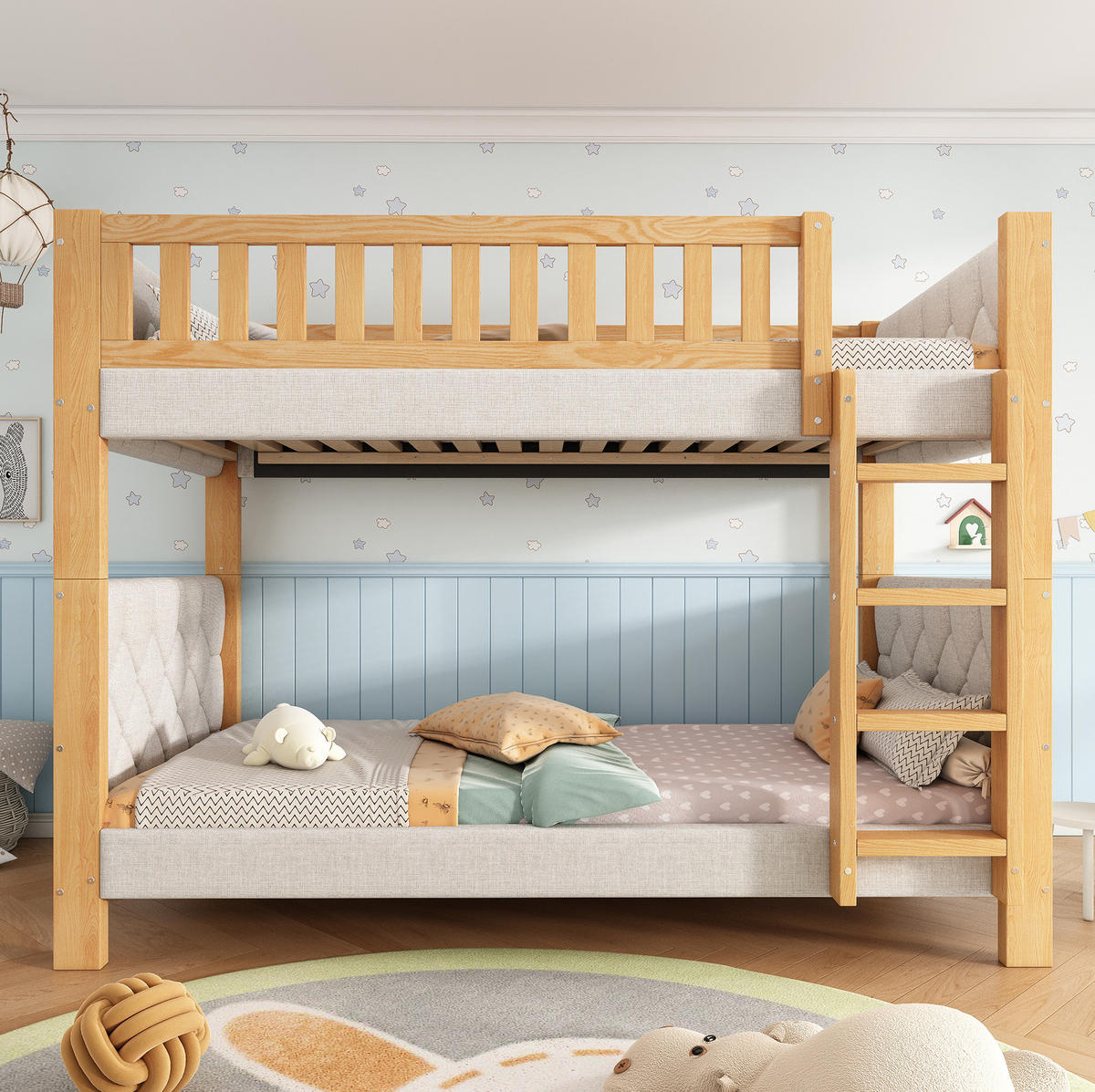 ETAGENBETT 90/200 cm aus Kautschukholz und MDF mit gerader 4-Stufen-Treppe Grau/Natur - Grau, Holz (90/200cm) - Modenvie