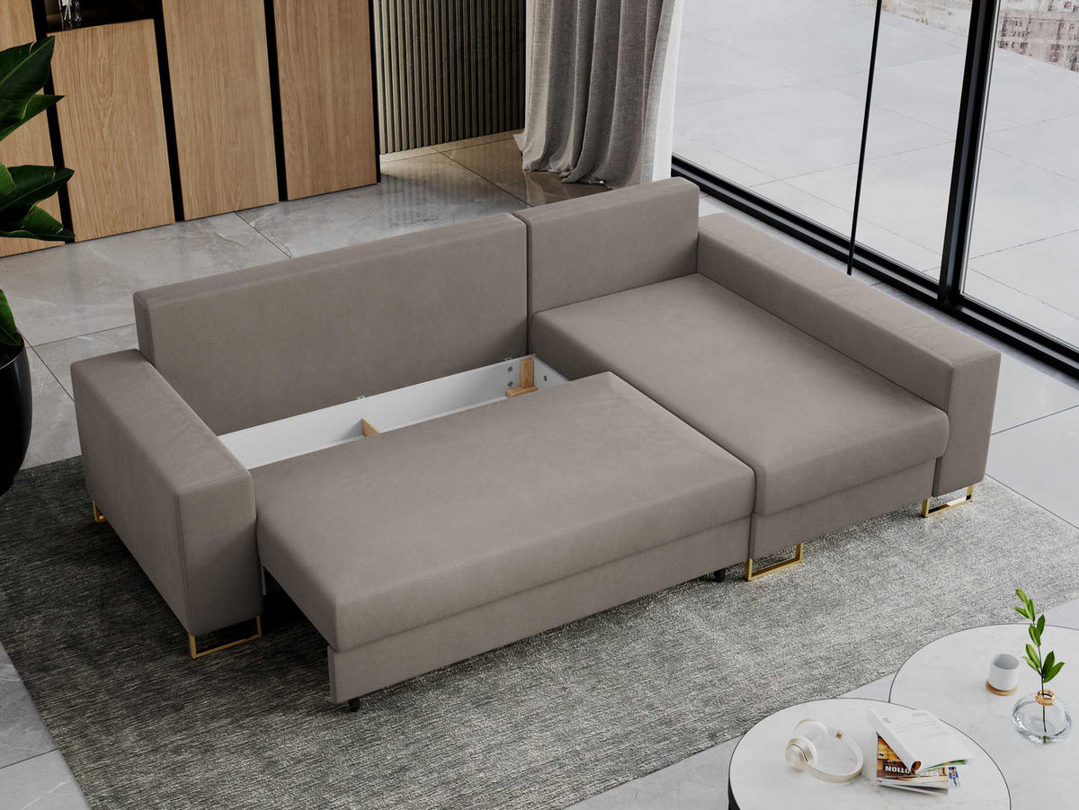ECKSOFA Dorian Velvet Hellbraun - Hellbraun/Goldfarben, Textil/Metall (242/138cm) - MKS