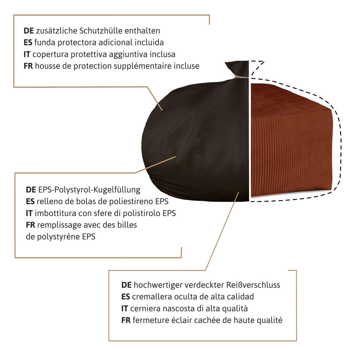 SITZSACK COMFORT Indian tan - Rotbraun, Textil (70/40/70cm) - Dreamroots