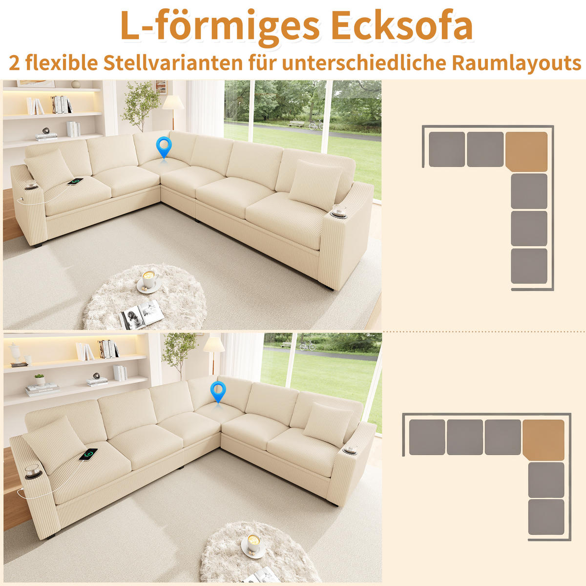 ECKSOFA 277/215/85 cm Beige mit USB/Type-C-Schnellladeanschluss und 2 Getränkehaltern - Beige, Textil (277/215cm) - Oxeza