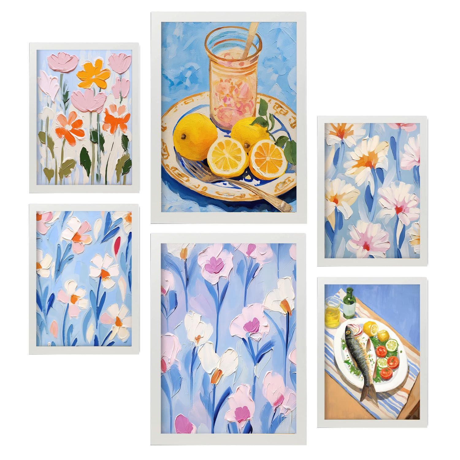 POSTER Set Mit 6 Blauer Sommer In Foodies A3 & A4 Weißer Rahmen - Weiß, Papier (29/3cm) - Nacnic