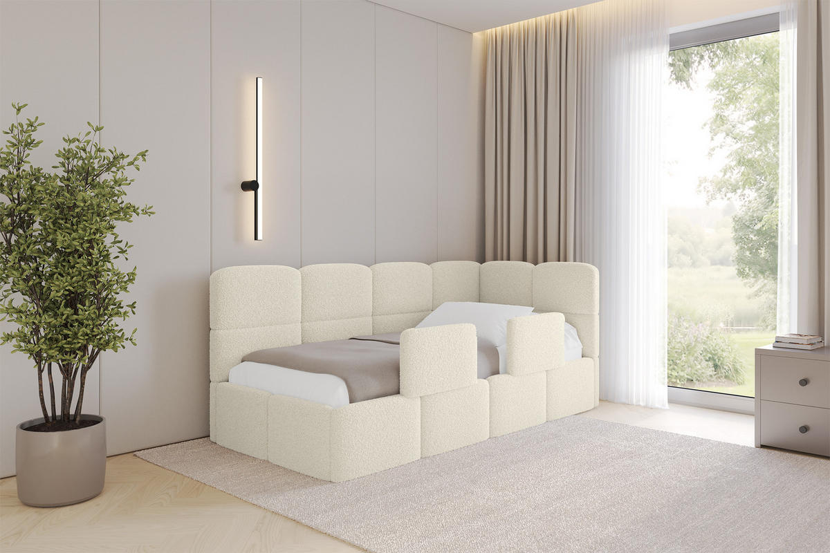 EINZELLBETT Jugendbett mit Bettkasten, Links - KIVY 90x200 Beige - Creme, Holzwerkstoff/Textil (90/200cm) - ALTDECOR