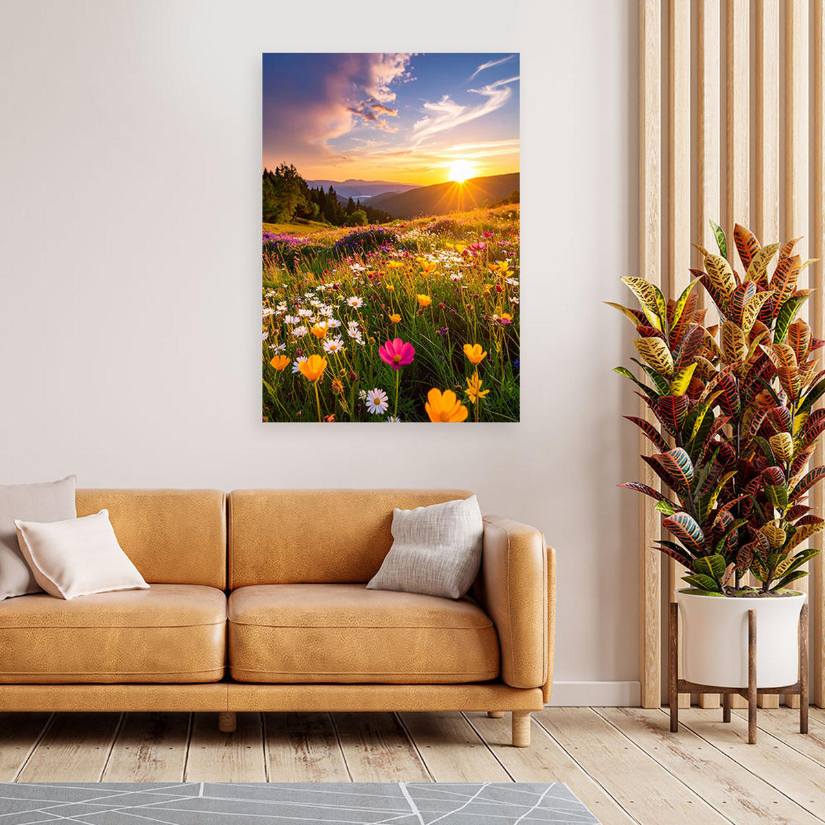 LEINWANDBILD Wiese Blumen Berglandschaft Natur 80x120cm - Multicolor, Textil (80/120cm) - Feeby