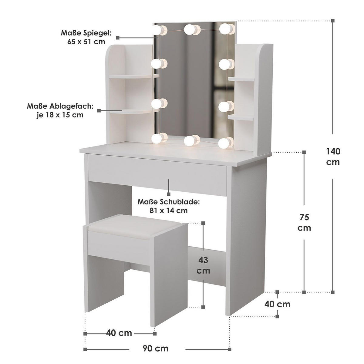 SCHMINKTISCH Zoey LED-Beleuchtung & Hocker Melly - Weiß, Holz (40/140/90cm) - Juskys