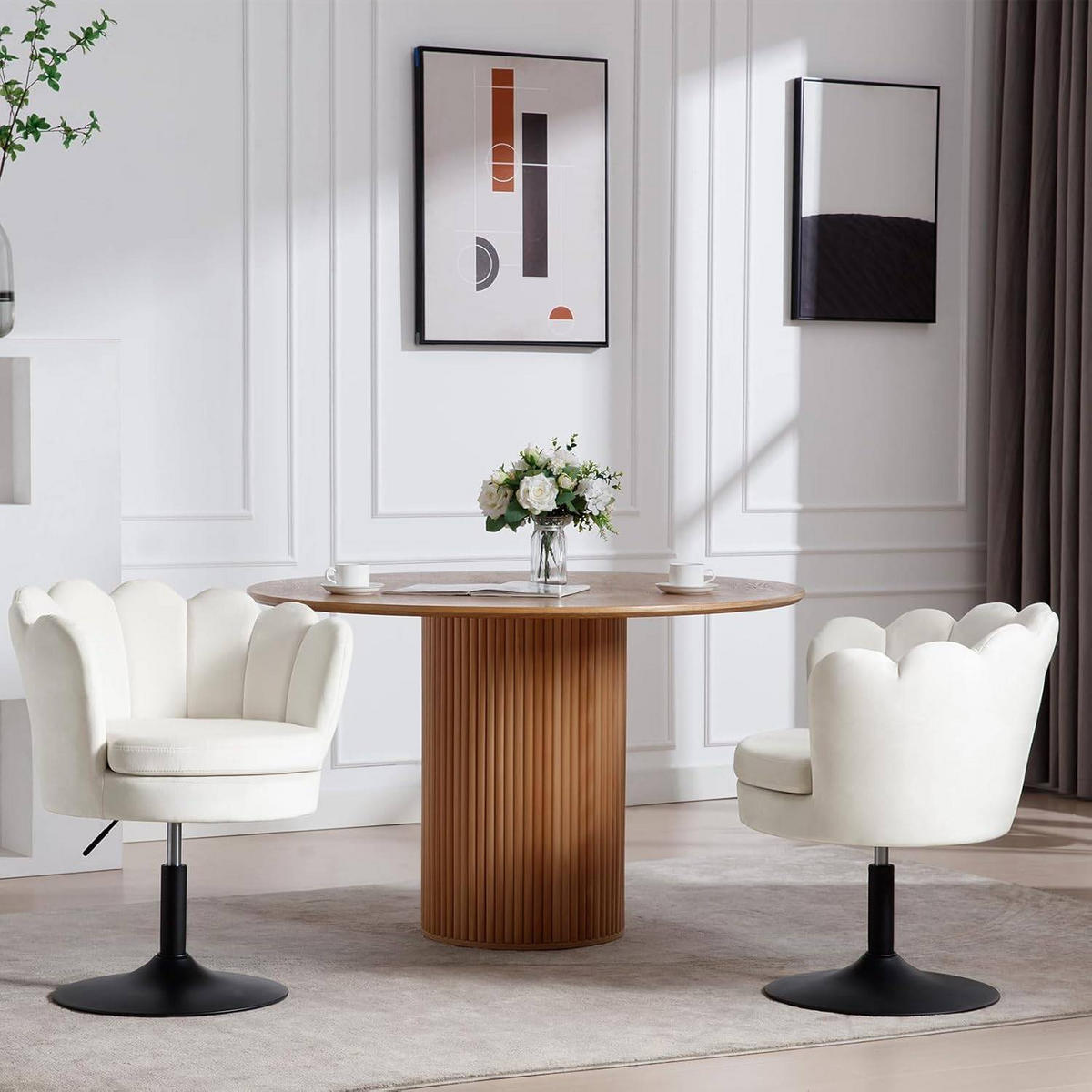 DREHSTUHL Blumenform, Samtbezug, Beige - Beige/Schwarz, Textil/Metall (65/71/61cm) - Woltu
