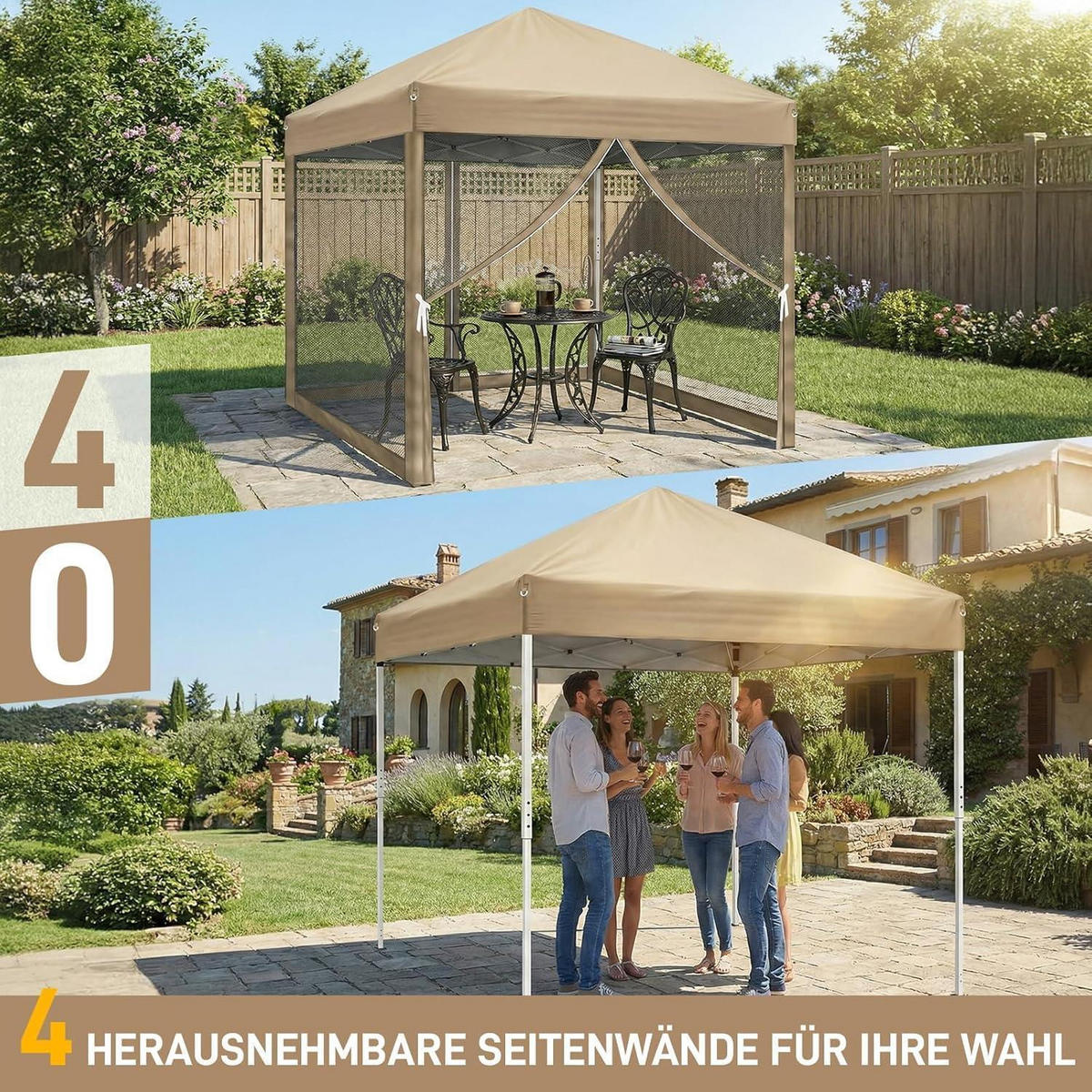FALTPAVILLON 3x3 m mit Moskitonetzen Khaki - Olivgrün, Textil (300/245/300cm)
