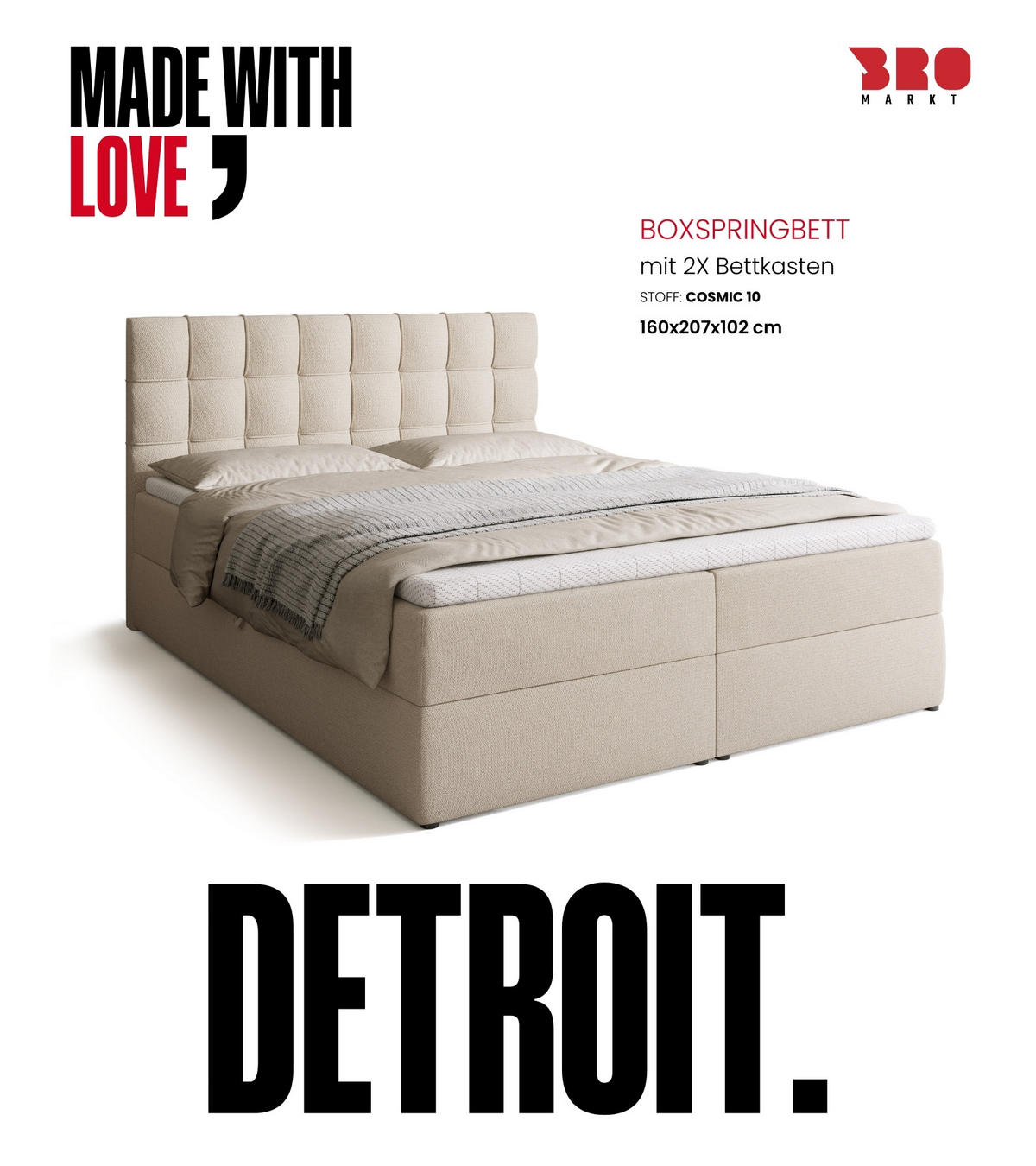 BOXBETT Detroit mit Topper 160/200 Ecru - Ecru, Holzwerkstoff/Textil (160/200cm) - Bromarkt