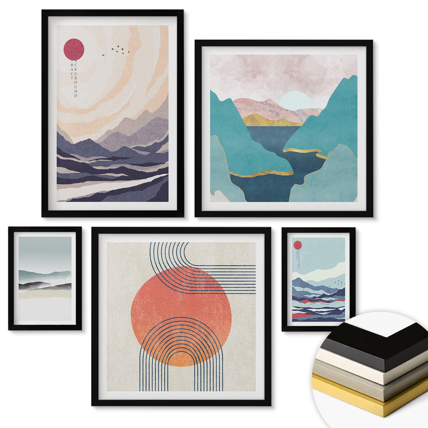 WANDBILDER 5er-Set - 50x50 cm & 20x30 cm & 40x60 cm Schwarzer Rahmen - Farbenfrohe Muster der Japandi-Flussberge - Schwarz, Kunststoff (40/60cm) - ArtPrintCave