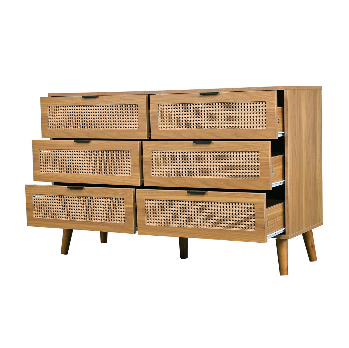 KOMMODE, 6 Schubladen, mit Retro-Rattan-Optik und Metallgriffen, 120x40x76,5 cm, Walnussfarben - Walnussfarben, Holzwerkstoff (40/76.5/120cm) - Modfu