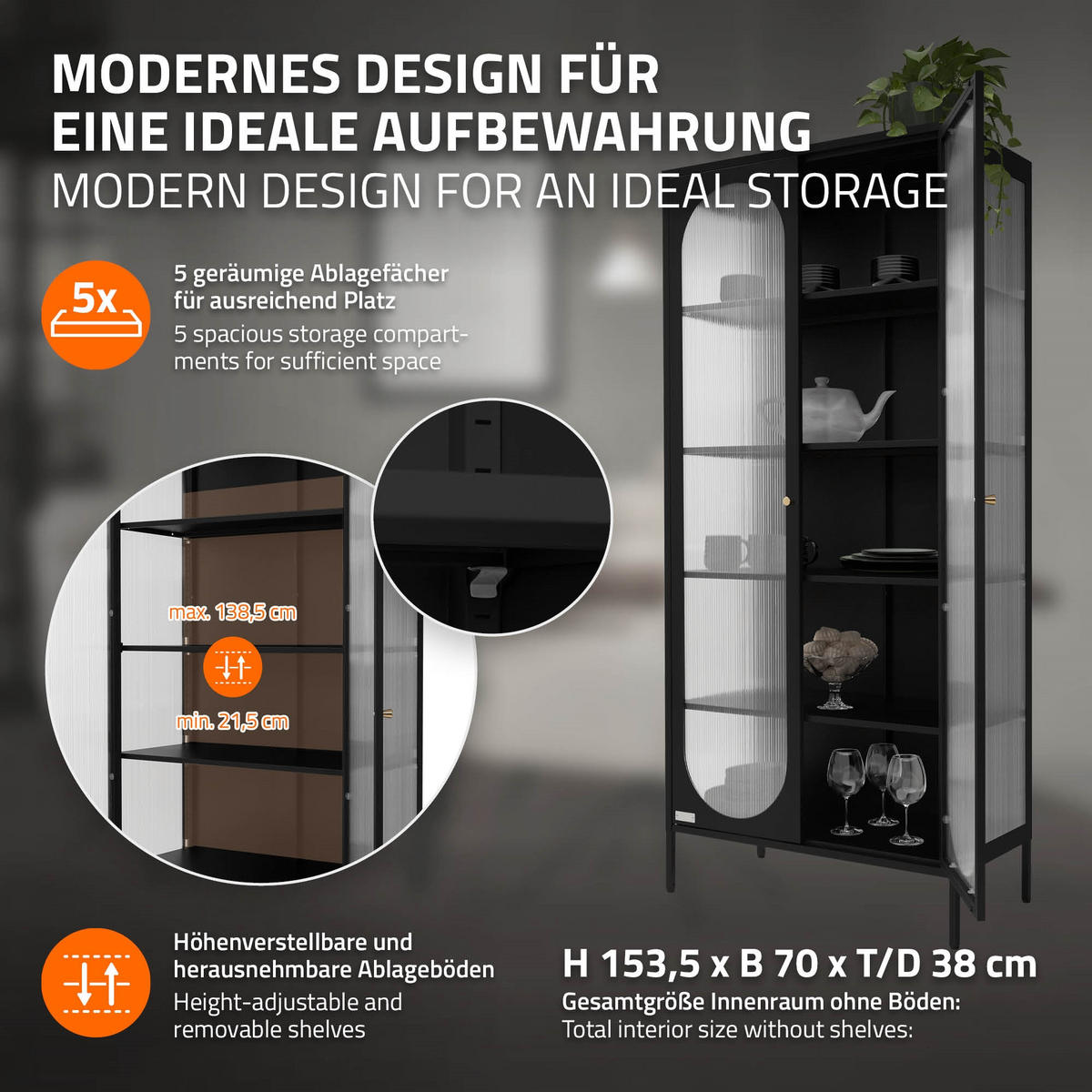 VITRINENSCHRANK Schwarz 175/80/40 cm - Schwarz, Metall (80/175/40cm) - ML-DESIGN