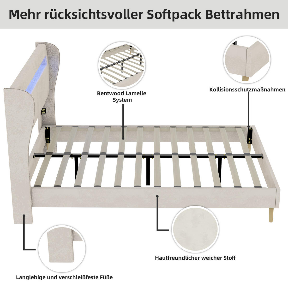 POLSTERBETT 160x200 cm LED Kopfteil beige - Beige, Textil (160/200cm) - Fortuna Lai