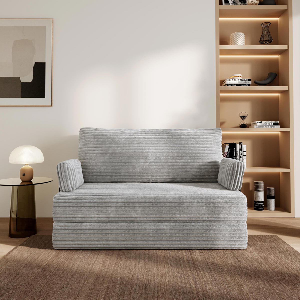 BETTSOFA LADIA aus Schaumstoff Cordstoff Hellgrau Schlaffunktion - Grau, Textil (140/86/60cm) - MASSENO