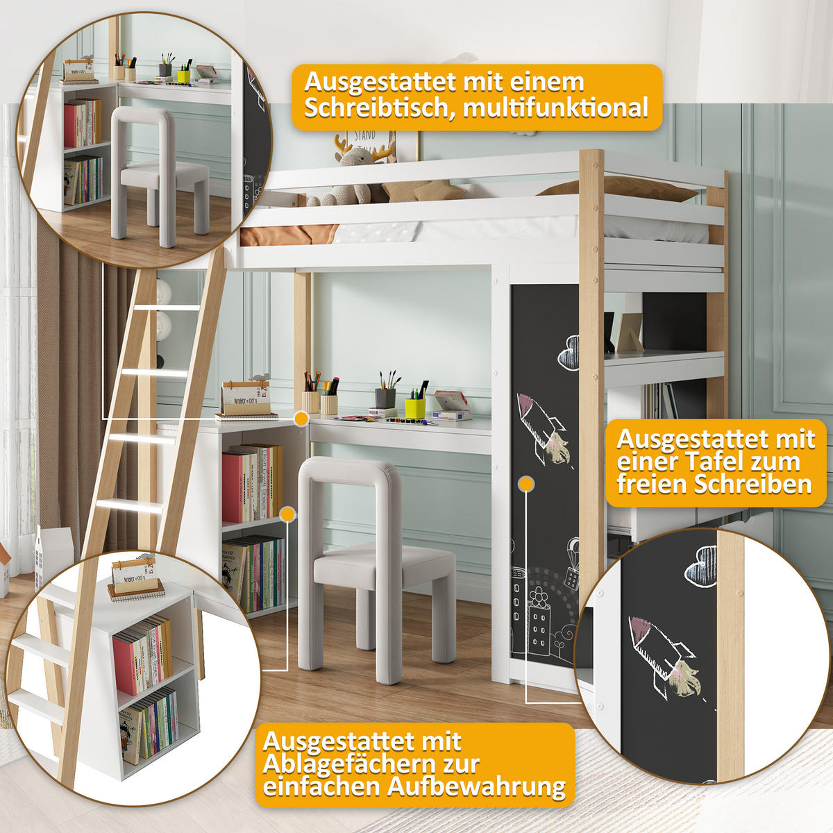 KINDERBETT 90x200cm Weiß+Natur Mit Schreibtisch & Tafel - Multicolor, Holzwerkstoff (90/200cm) - FLIEKS