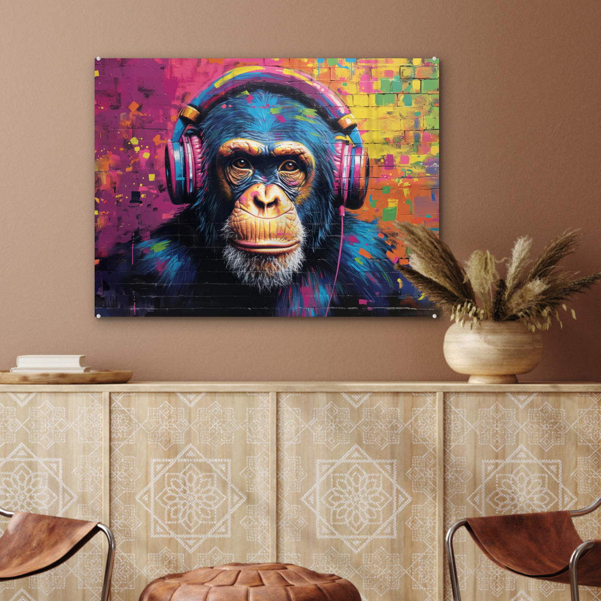ACRYLGLASBILD Graffiti - Schimpanse - Straßenkunst - Kopfhörer - Affe 80x60 cm - Blau, Glas (80/60cm) - MuchoWow