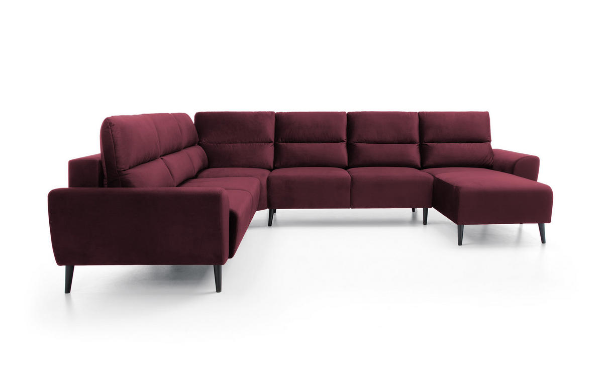 ECKSOFA BOSCO U-Form, Monolith-Stoff, freistehend, mit verstellbaren Kopfstützen, Sofa für Familien, Größe: 340x270x98cm, Farbe: Burgunderrot - Bordeaux, Holz/Textil (340/270cm) - DomoHome