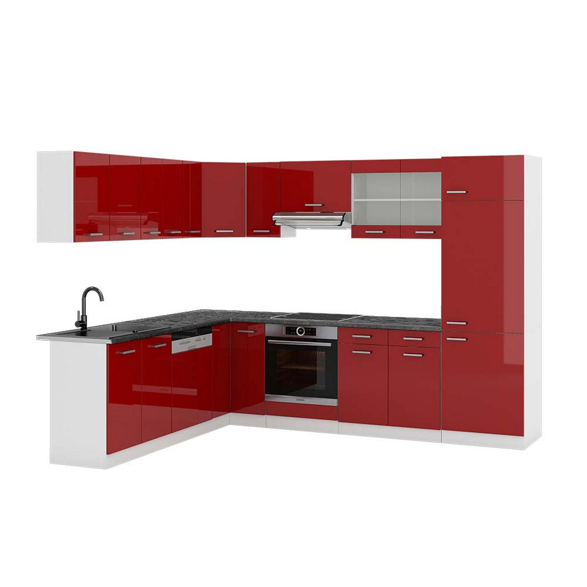 ECKKÜCHE R-Line Rot Hochglanz/Weiß 287 x 60 cm , AP Anthrazit - Bordeaux/Rot, Holzwerkstoff (287/81.6/60cm) - Vicco