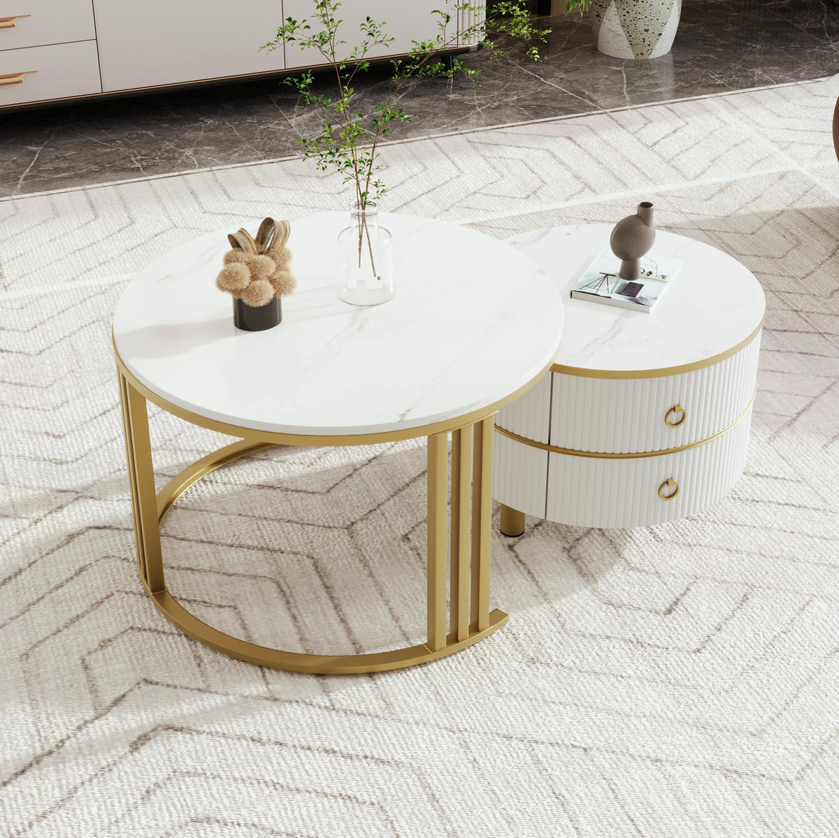 SADA konferenčních stolků 70/70/46 cm bílá z MDF se 2 zásuvkami - zlatá, kompozitní dřevo (70/70/46cm) - OKWISH