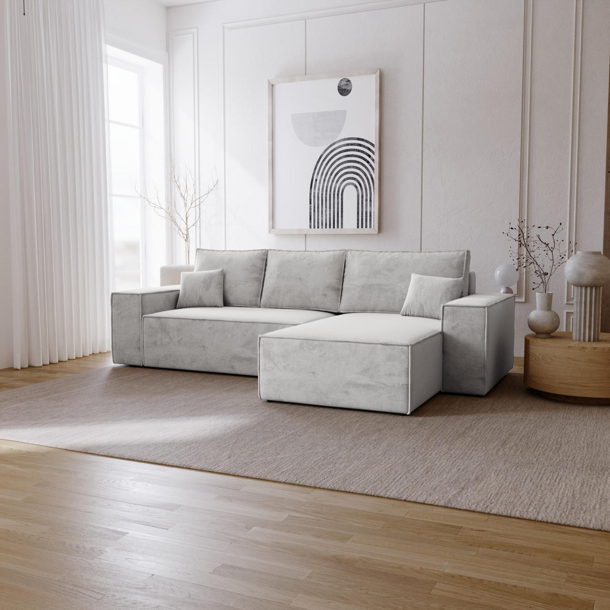 ECKSOFA mit Schlaffunktion Bergamo L 280 cm, Samt, Rechts - Hellgrau - Hellgrau, Holz (189/277cm) - Emporius