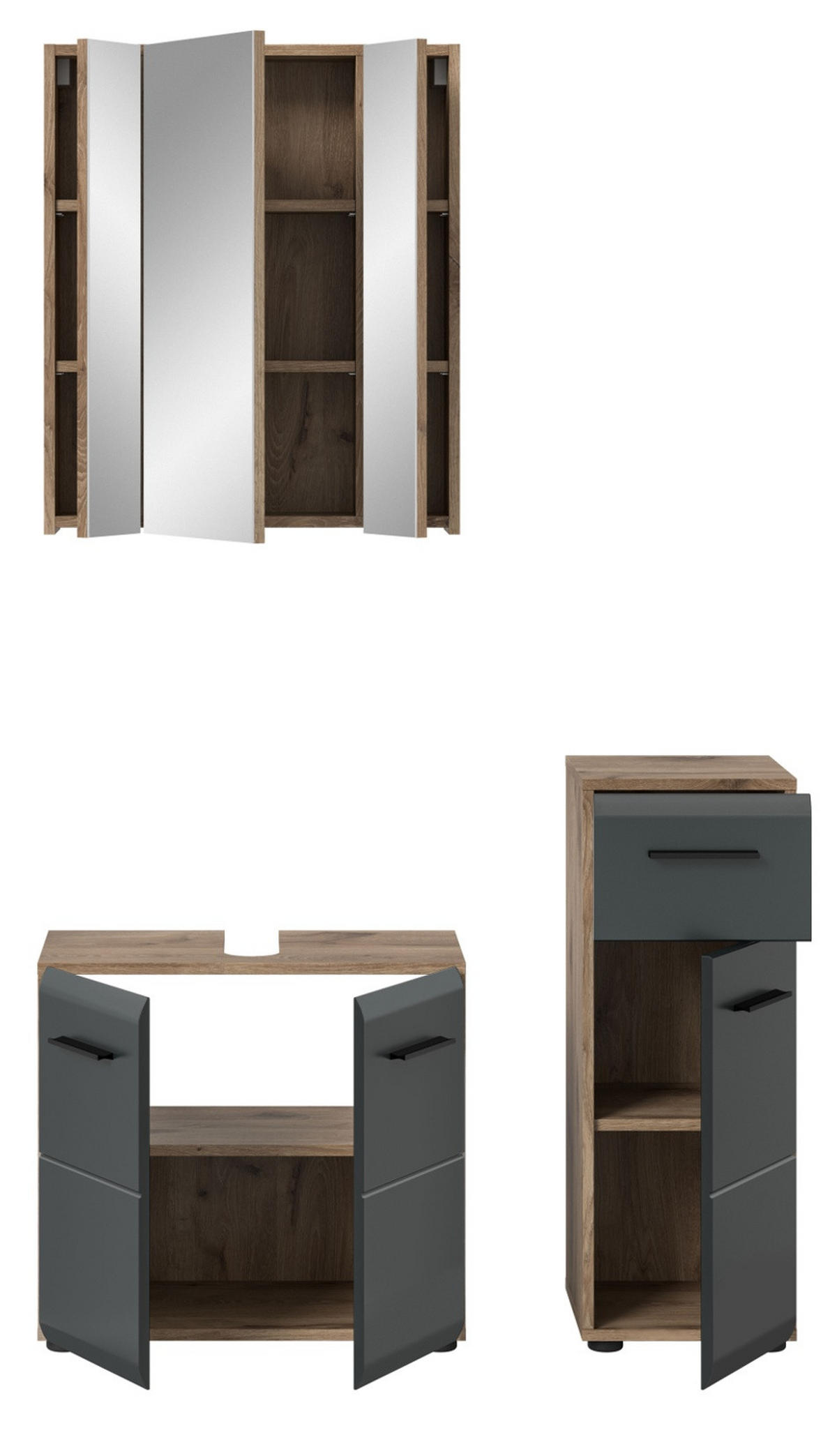 BADMÖBEL Set 3-teilig in schwarz matt und Nox Eiche Badkombination 105 x 185 cm Cover - Eichefarben/Schwarz, Glas/Holzwerkstoff (105/185/30cm) - Inn.Furn