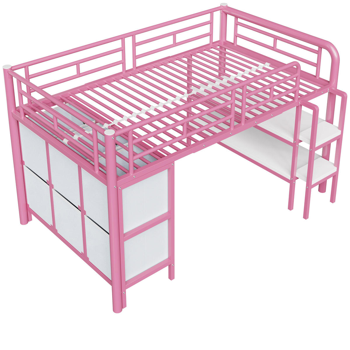 HOCHBETT 90/200 cm in Rosa mit Schubladen, Regalen und breiter Treppe - Rosa, Holzwerkstoff/Metall (90/200cm) - CHICFURN
