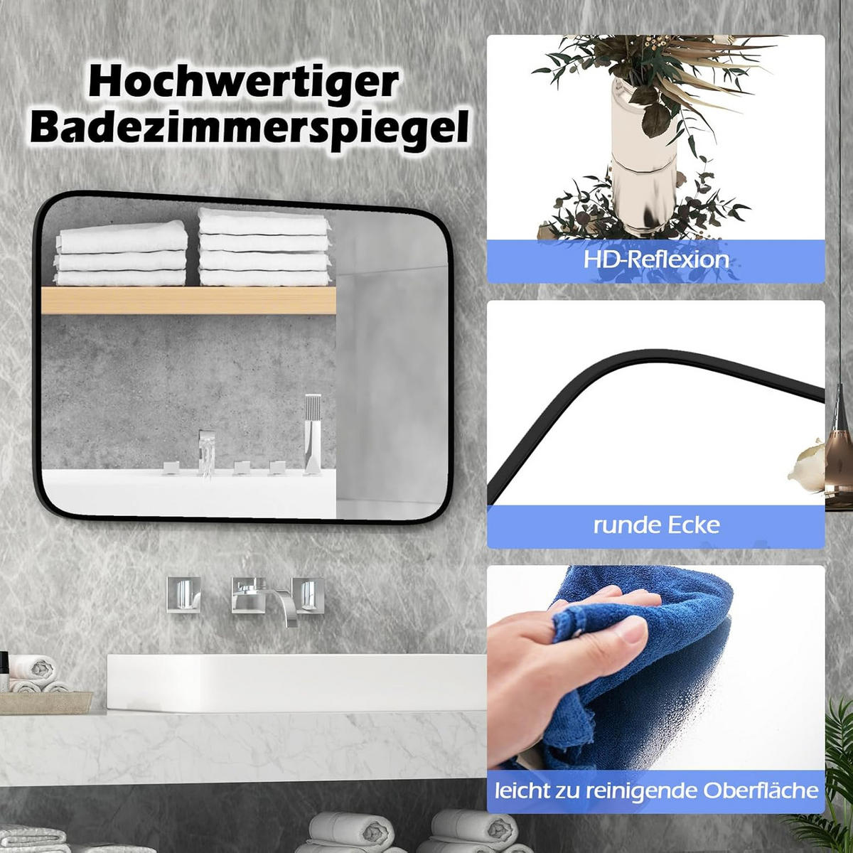 WANDSPIEGEL rechteckig schwarz - Schwarz, Glas (50/2/70cm) - COSTWAY