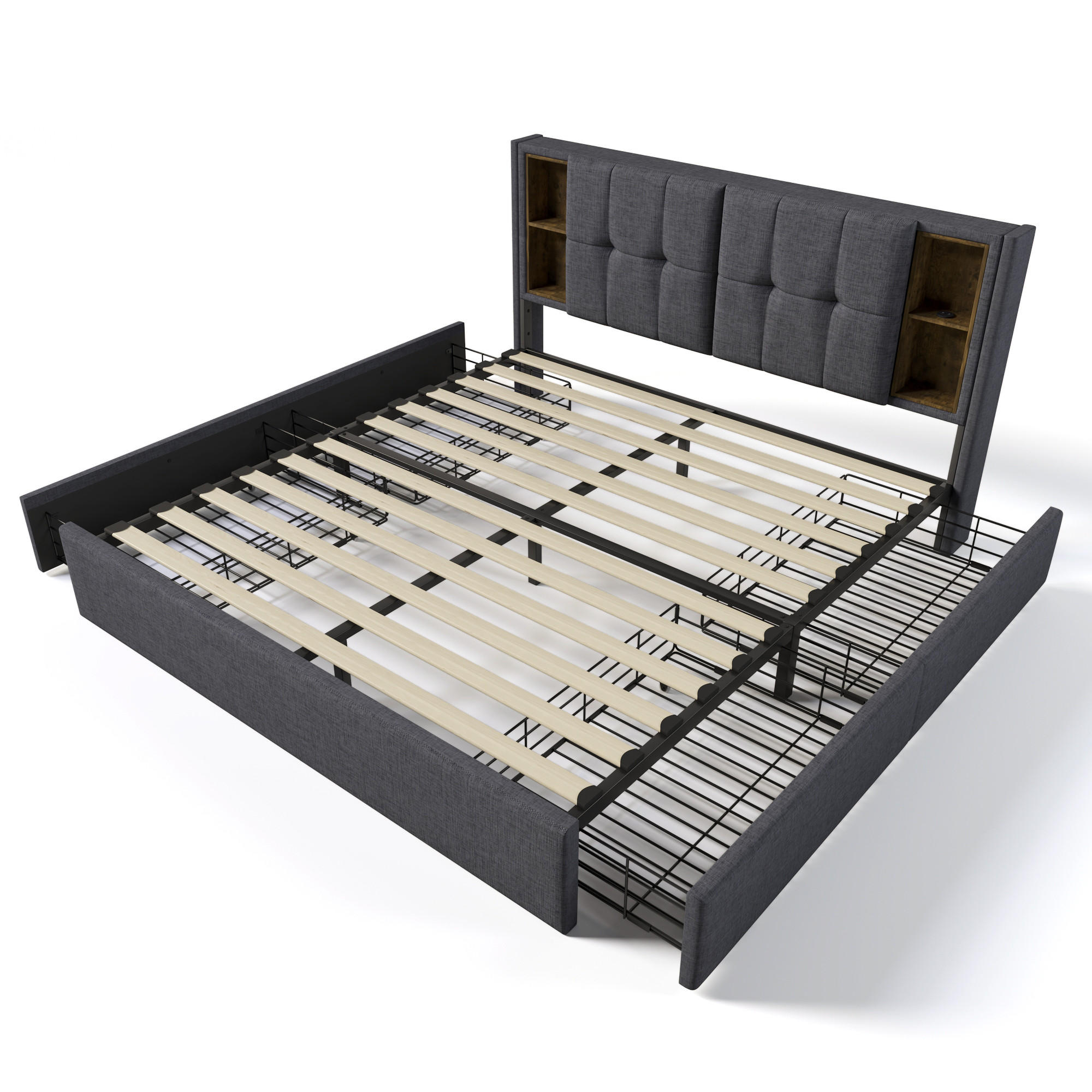 POLSTERBETT 160/200 cm DE-00343, in Leinen Grau, 4 Schubladen - Grau, Metall (160/200cm) - ComfortXL