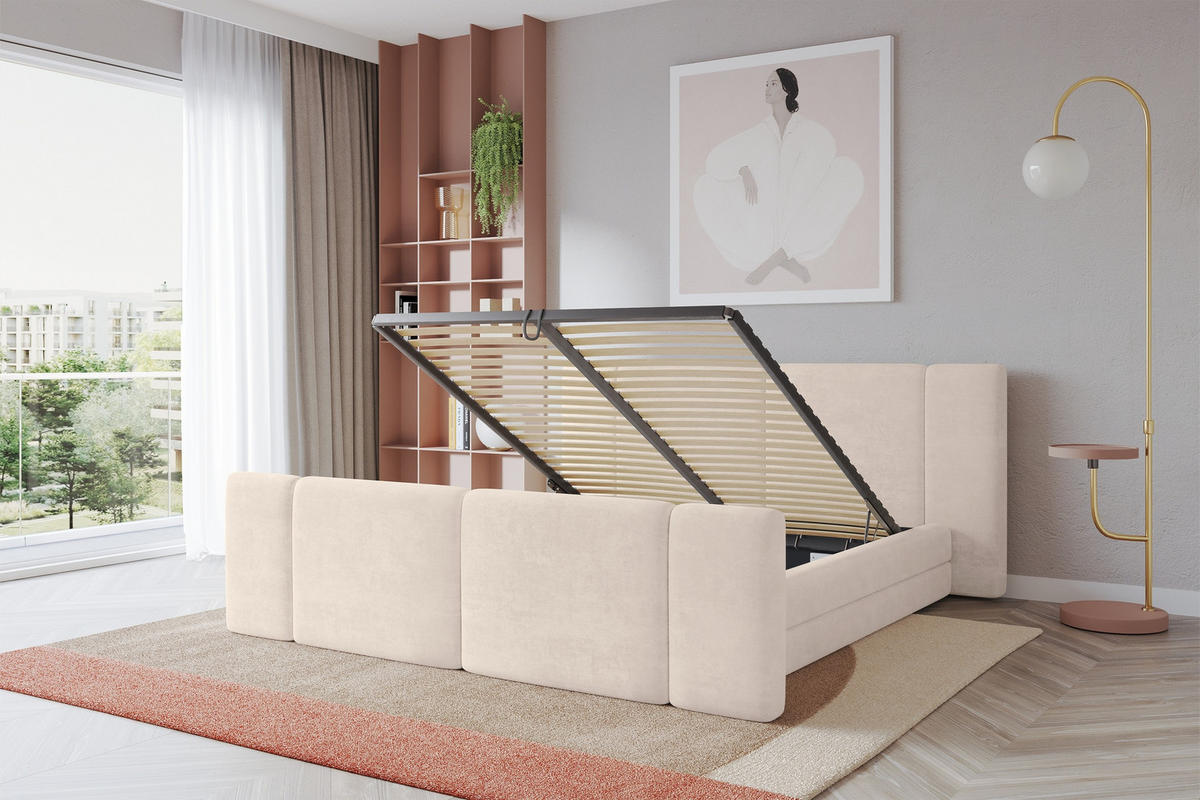 POLSTERBETT mit Bettkasten, Fußteil und Lattenrost, Bett mit Matratze H3/H4 - TEVO-Z 140x200 Beige - Beige, Holzwerkstoff/Textil (140/200cm) - ALTDECOR