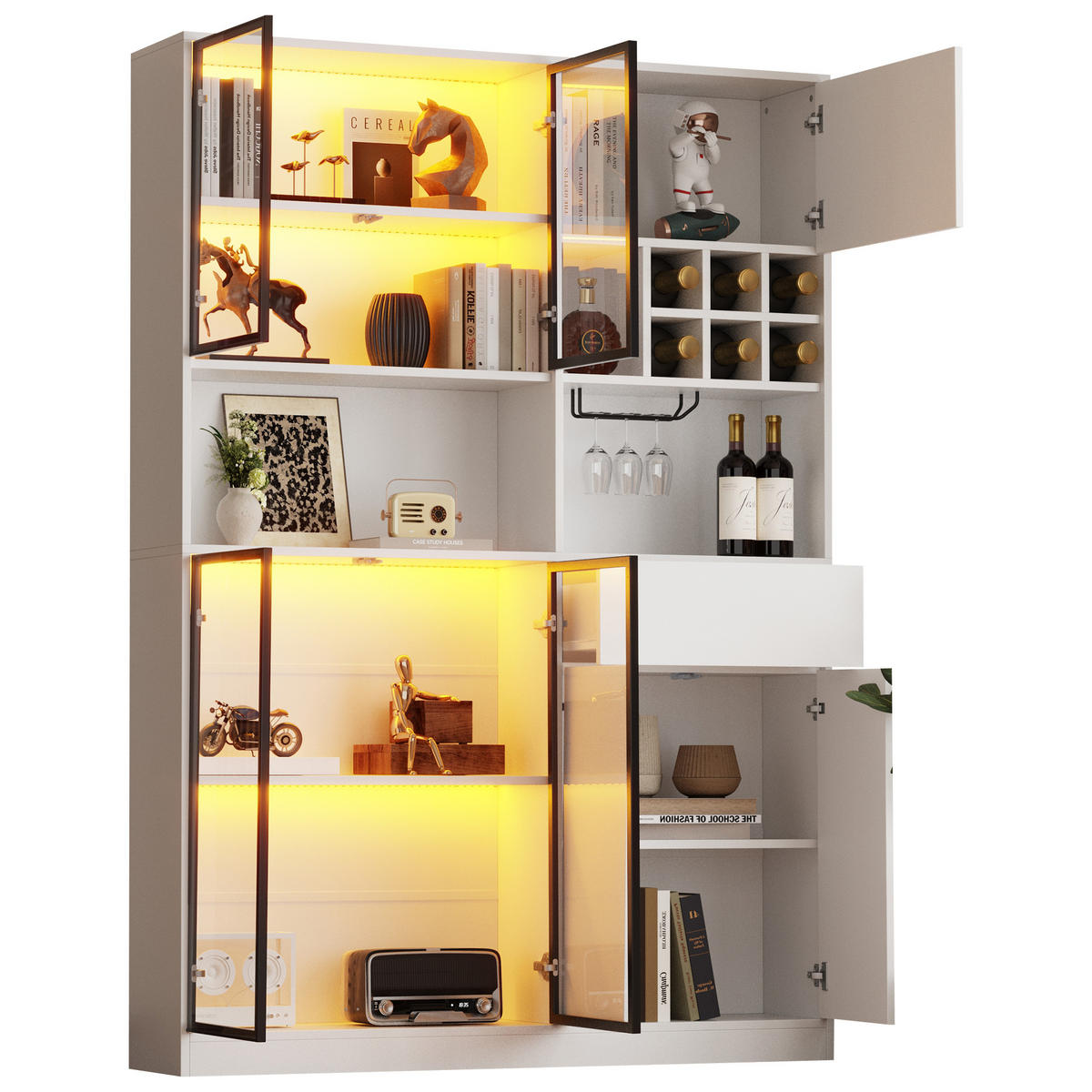VITRINE 140x30x200 cm Weiß LED 7 Türen Weinregal - Weiß, Holzwerkstoff (140/200/30cm) - FLIEKS