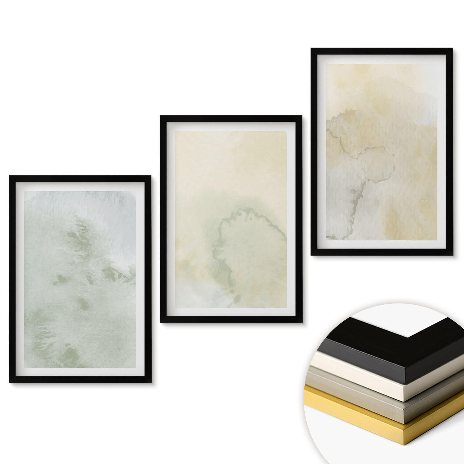 WANDBILDER 3er-Set - 40x60 cm Schwarzer Rahmen - Pastellfarbene Aquarelltexturen - Schwarz, Kunststoff (40/60cm) - ArtPrintCave