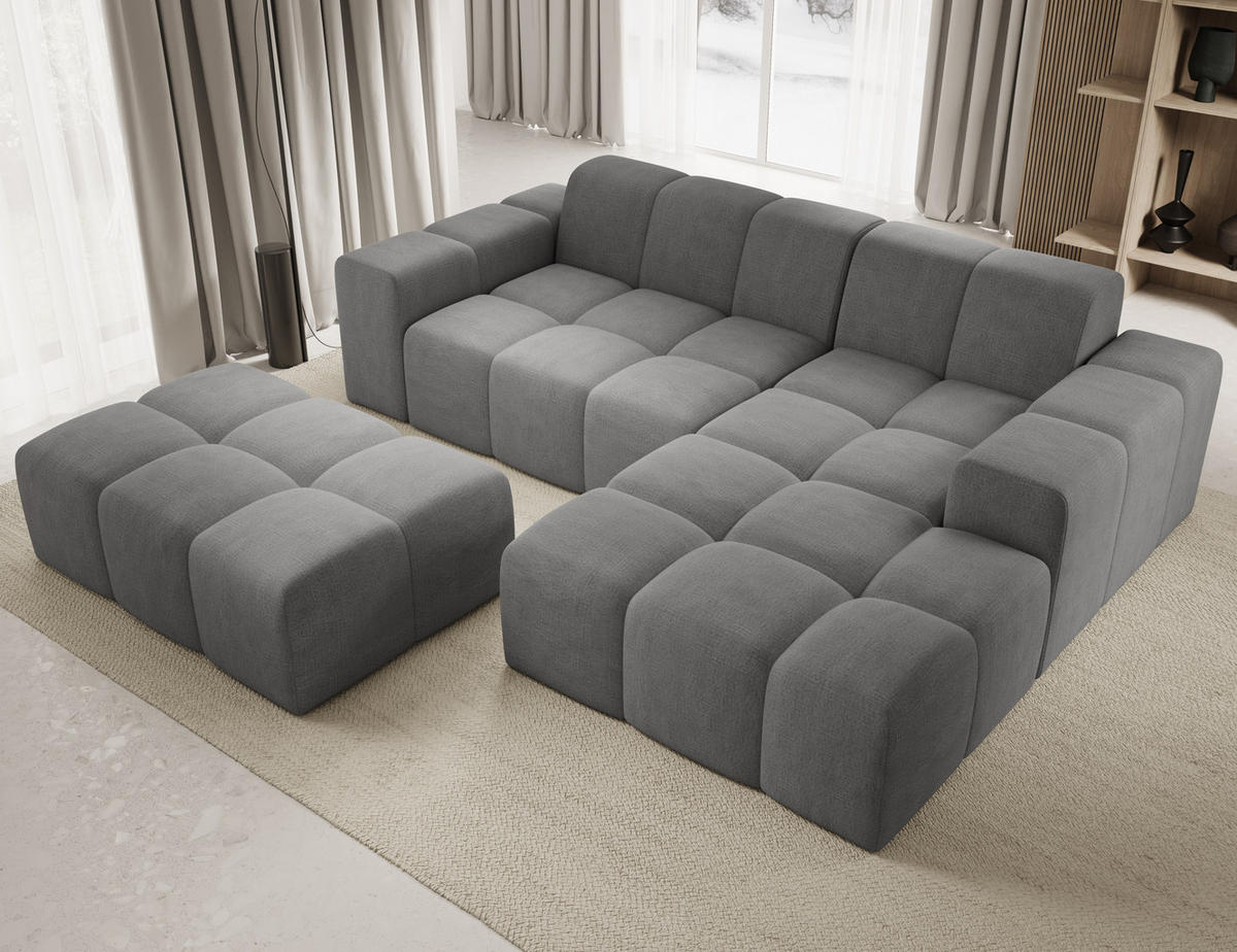 ECKSOFA Fogo mit Hocker, Couch L-Form, Sofa Rechts, Veloursstoff, 245x68x180 cm, Grau - Grau, Holz/Textil (245/180cm) - PROMETO Möbel