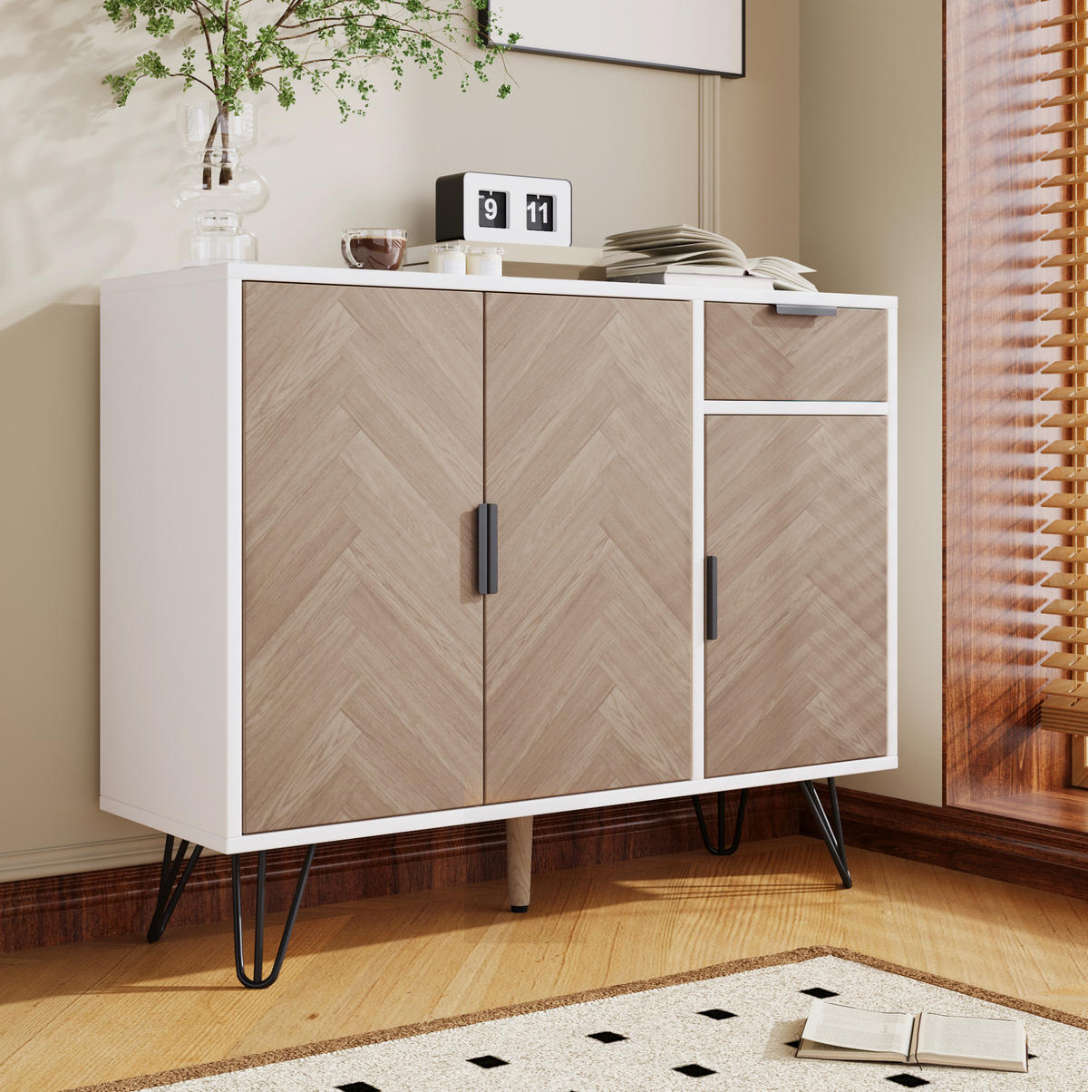 SIDEBOARD 90/30/71,5 cm weiß/Holzoptik aus MDF-Holzwerkstoff mit Stauraum - Weiß, Holzwerkstoff (90/71.5/30cm) - OKWISH