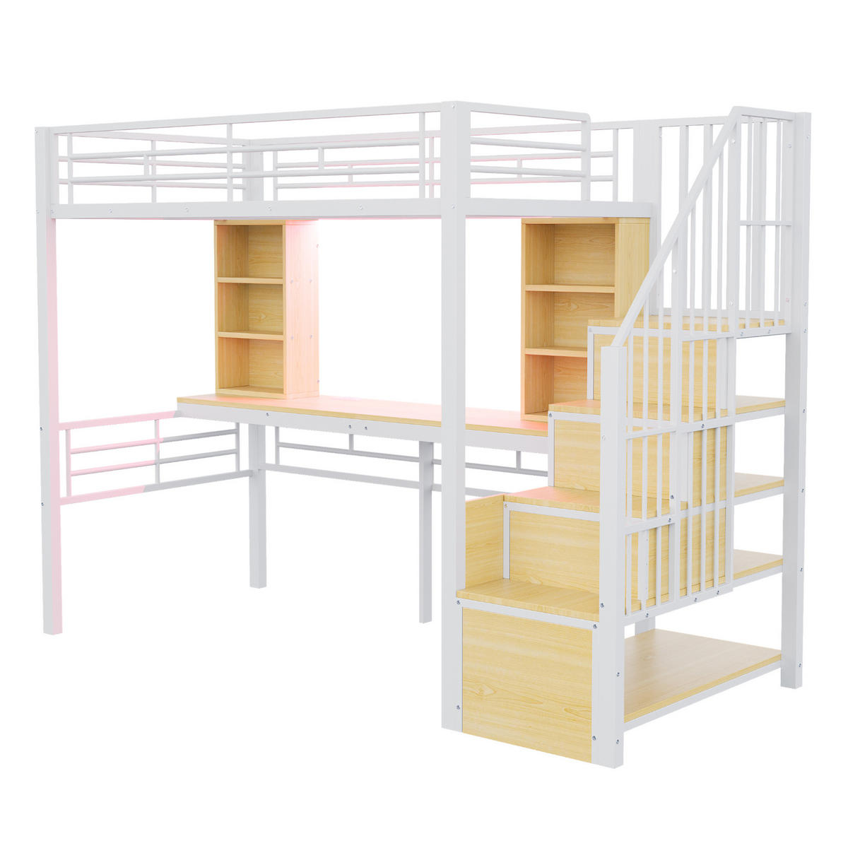 HOCHBETT 90/200 cm, Weiß mit Schreibtisch, LED und Stauraumtreppe - Weiß, Metall (90/200cm) - MIVRAY