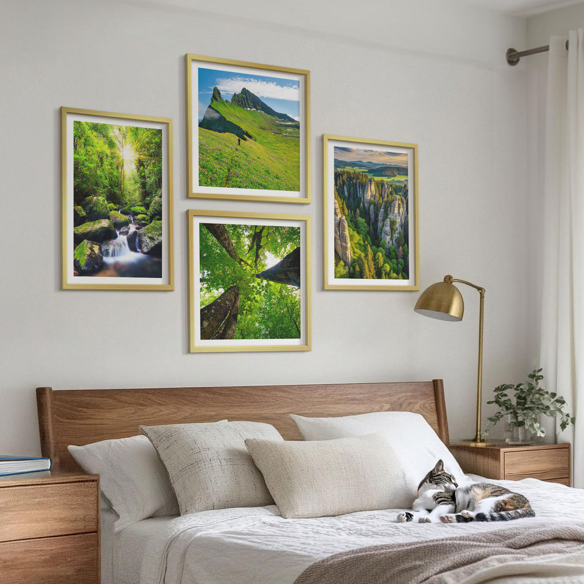 BILDER SET 4er Set - 50x50 cm & 40x60 cm Goldrahmen - Grüne Berge Wasserfallwald - Goldfarben, Kunststoff (50/50cm) - TULUP
