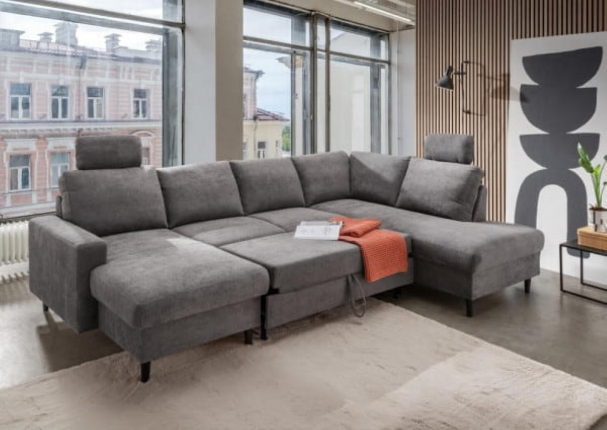 WOHNLANDSCHAFT mit Schlaffunktion und Bettkasten - Dunkelgrau/Schwarz, Textil (200/88/305cm) - myHomelando