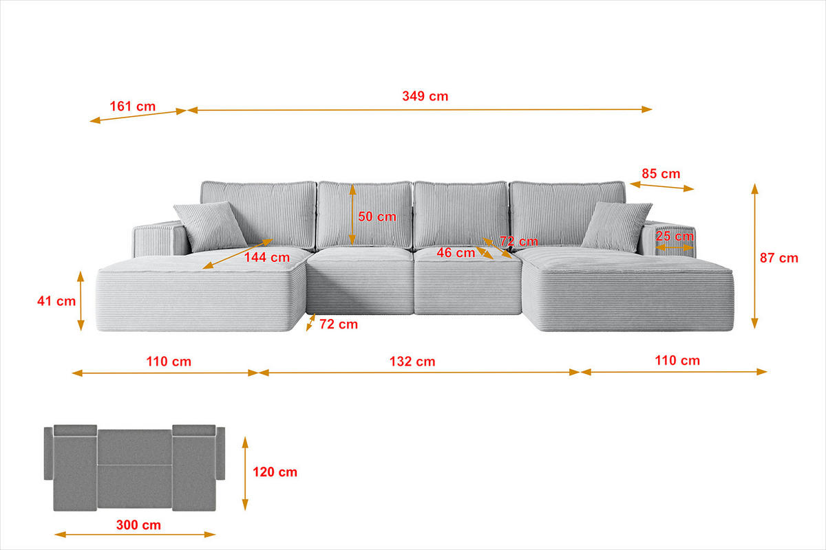 WOHNLANDSCHAFT mit Schlaffunktion und Bettkasten SIERRA-U-S - 349x161x87 cm Grau Cord - Schwarz/Grau, Holzwerkstoff/Kunststoff (349/87/161cm) - ALTDECOR
