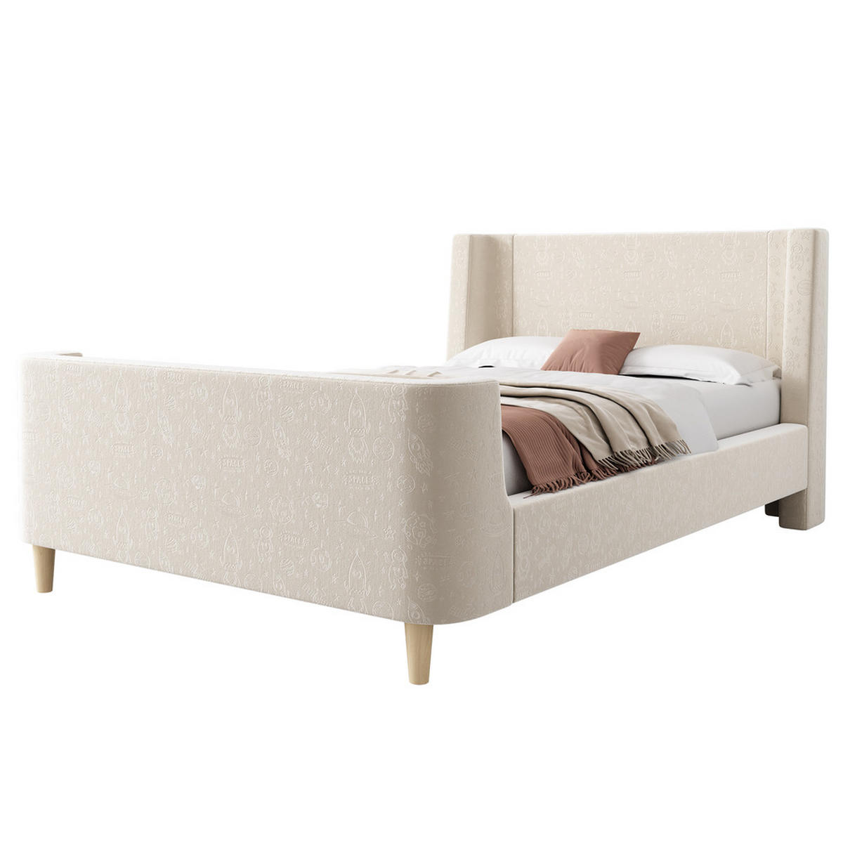KINDERBETT 90x200cm Schlittenbett Kosmisches Muster Samt Beige - Beige, Holz - FLIEKS