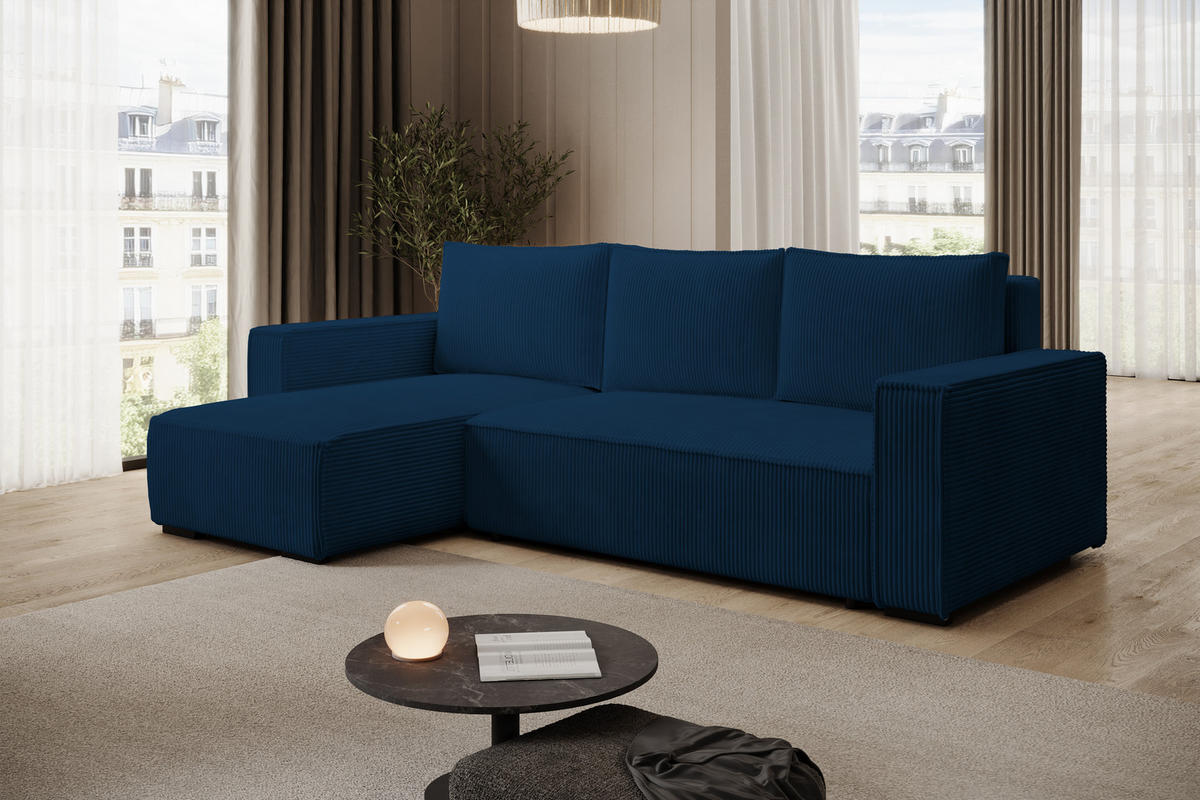 ECKSOFA CUDDY L, Eckcouch in L-Form mit Schlaffunktion und Bettkasten, Farbe: Blau, Cordstoff, Ottomane Links - Blau, Textil (240/140cm) - Storez24