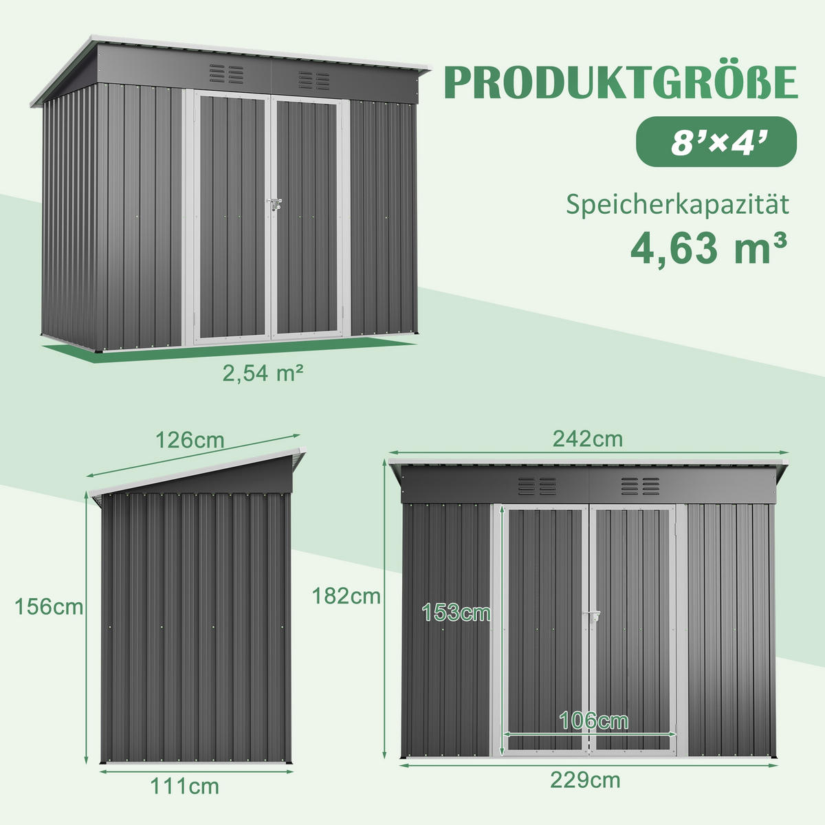 GERÄTEHAUS 242/111/182 cm Grau mit abschließbarer Tür und 2 Belüftungsgittern - Grau, Metall (126/182/242cm) - Oxeza