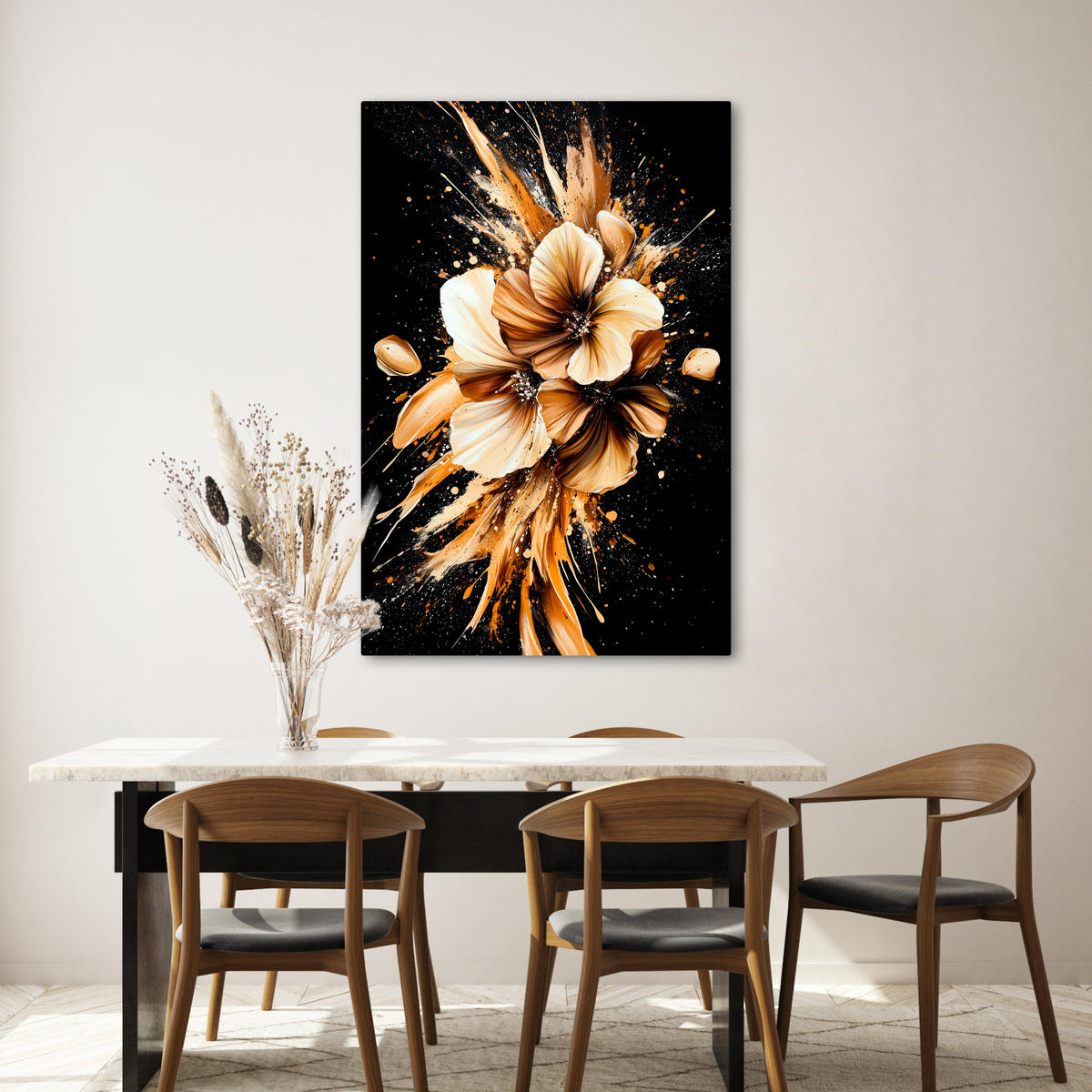 LEINWANDBILD Blumen - Gold - Graffiti - Schwarz - Abstrakt 80x120 cm - Cappuccino, Textil (80/120cm) - MuchoWow