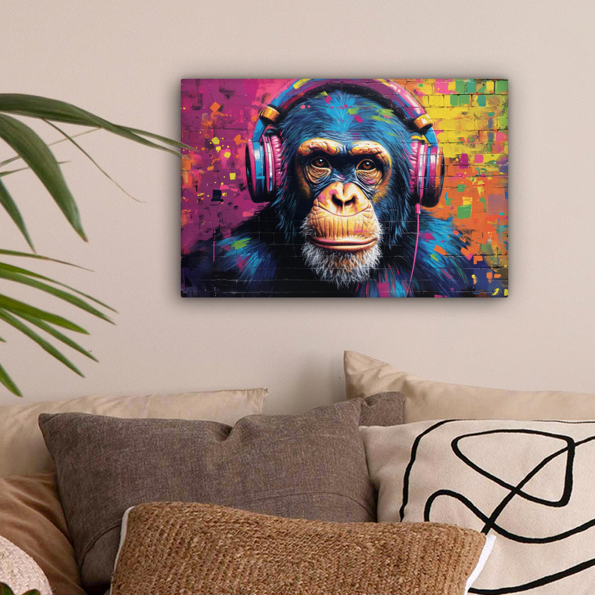 LEINWANDBILD Graffiti - Schimpanse - Straßenkunst - Kopfhörer - Affe Deko Schlafzimmer 30x20 cm - Blau, Textil (30/20cm) - MuchoWow