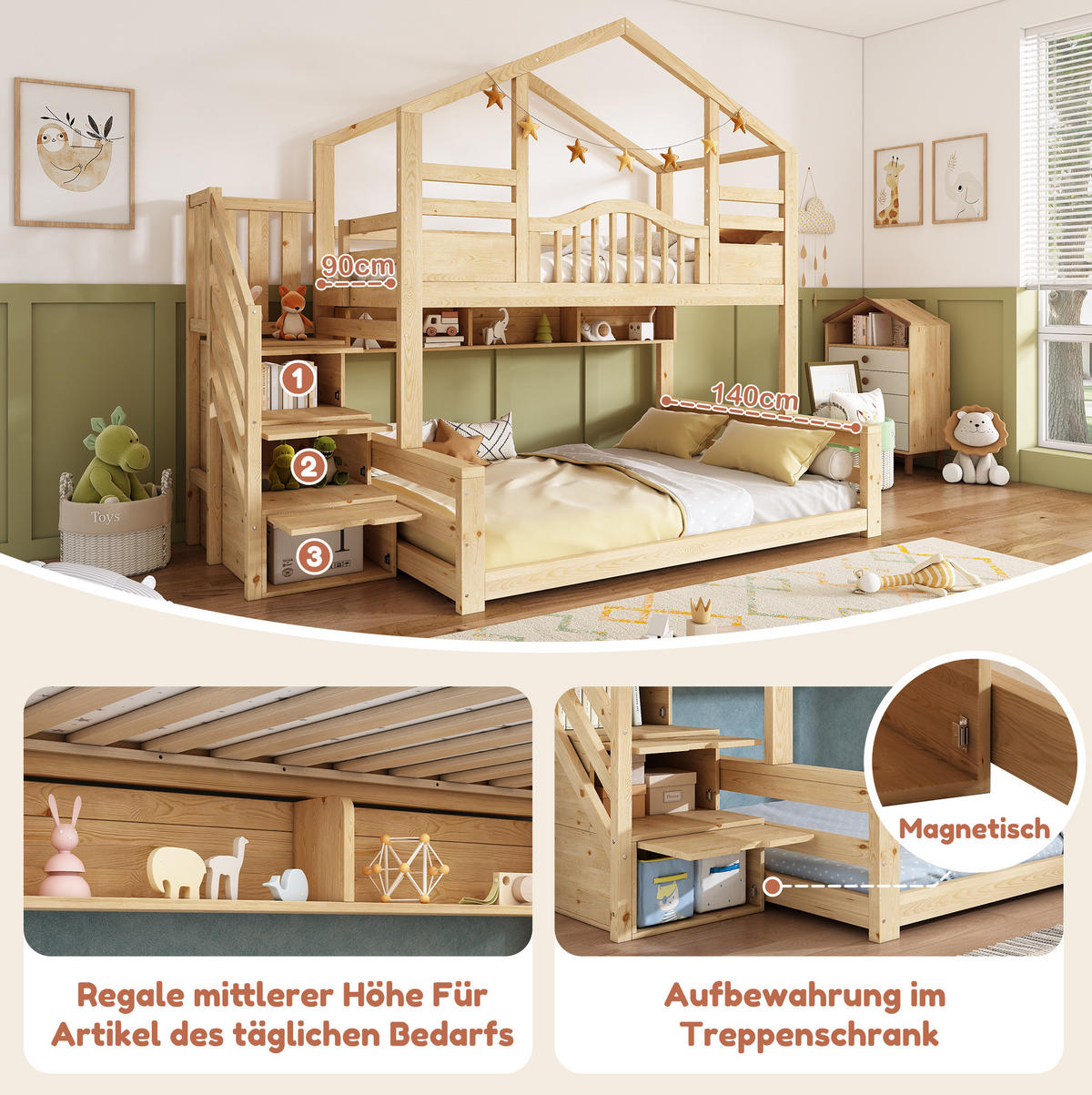 ETAGENBETT 90/200 cm und 140/200 cm mit Treppenschrank ohne Matratze - Naturfarben, Holz (140/200cm) - MIVRAY