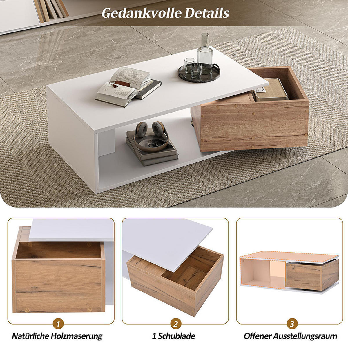 COUCHTISCH in 90x50x30cm, Schublade 360° frei drehbar, Weiß + Holzfarbe - Weiß, Holzwerkstoff (90/50/30cm) - KOMHTOM