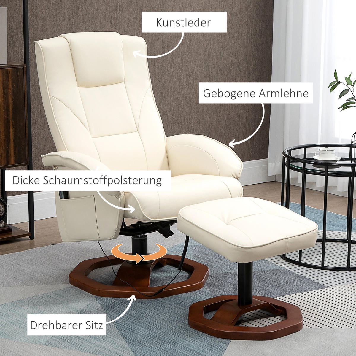 MASSAGESESSEL mit Hocker, Liegefunktion, Fernbedienung, bis 150 kg - Creme, Kunststoff/Metall (83/106/73cm) - HOMCOM