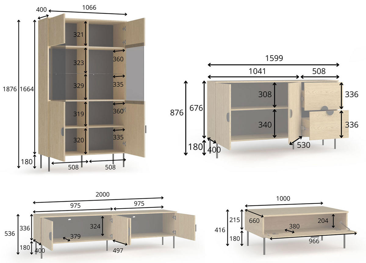 WOHNZIMMER SET 4-TEILIG Mond Eiche Baltic 565 / 66 / 187cm - Eichefarben/Anthrazit, Holzwerkstoff/Metall (565/187/66cm) - Feldmann-Wohnen