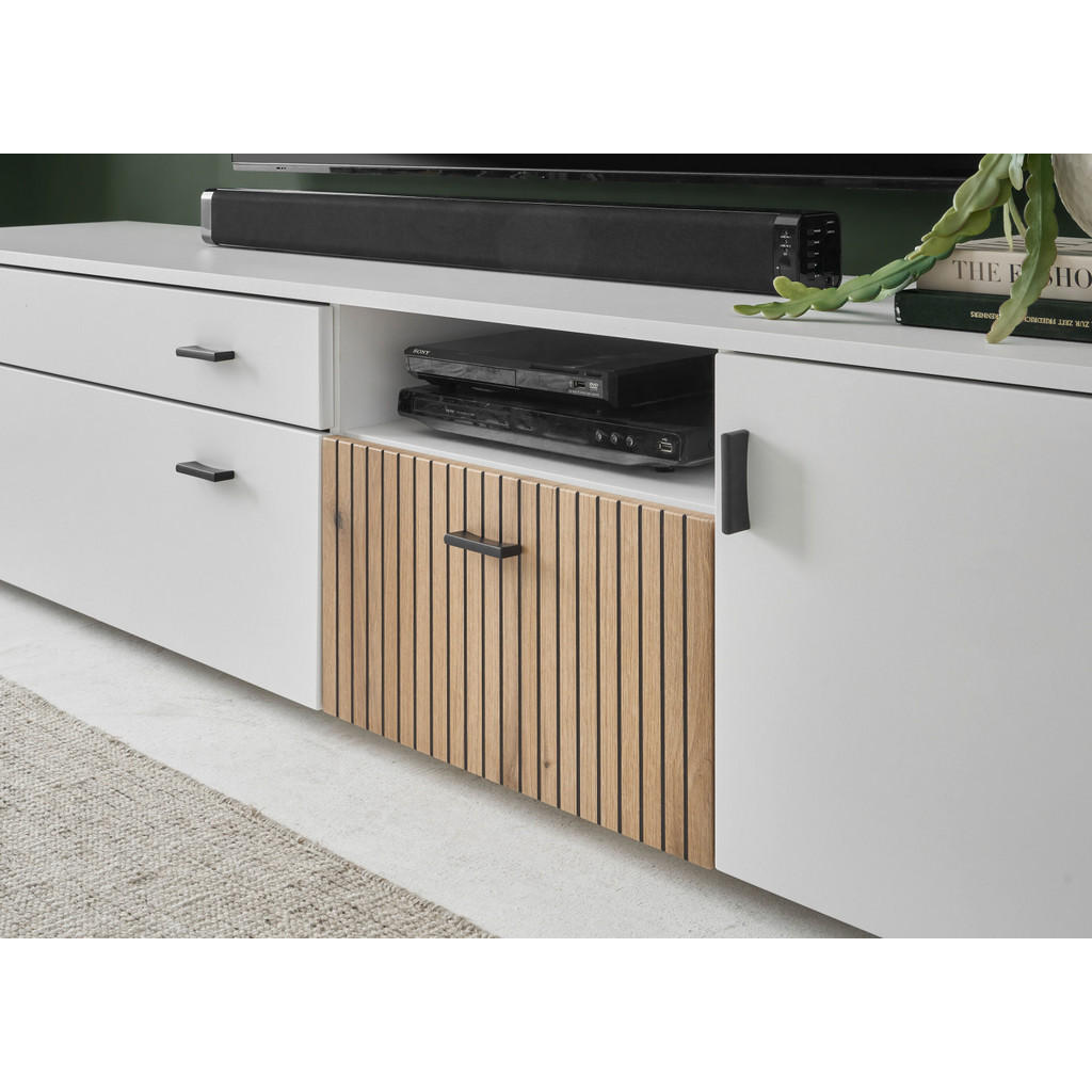 Thumbnail - Furn.Design Wohnwand, Weiß, Eiche, Metall, Nachbildung,Eiche, Uni, Holz Optik, 4 Fächer, 1 Schubladen, einzeln stellbar,...
