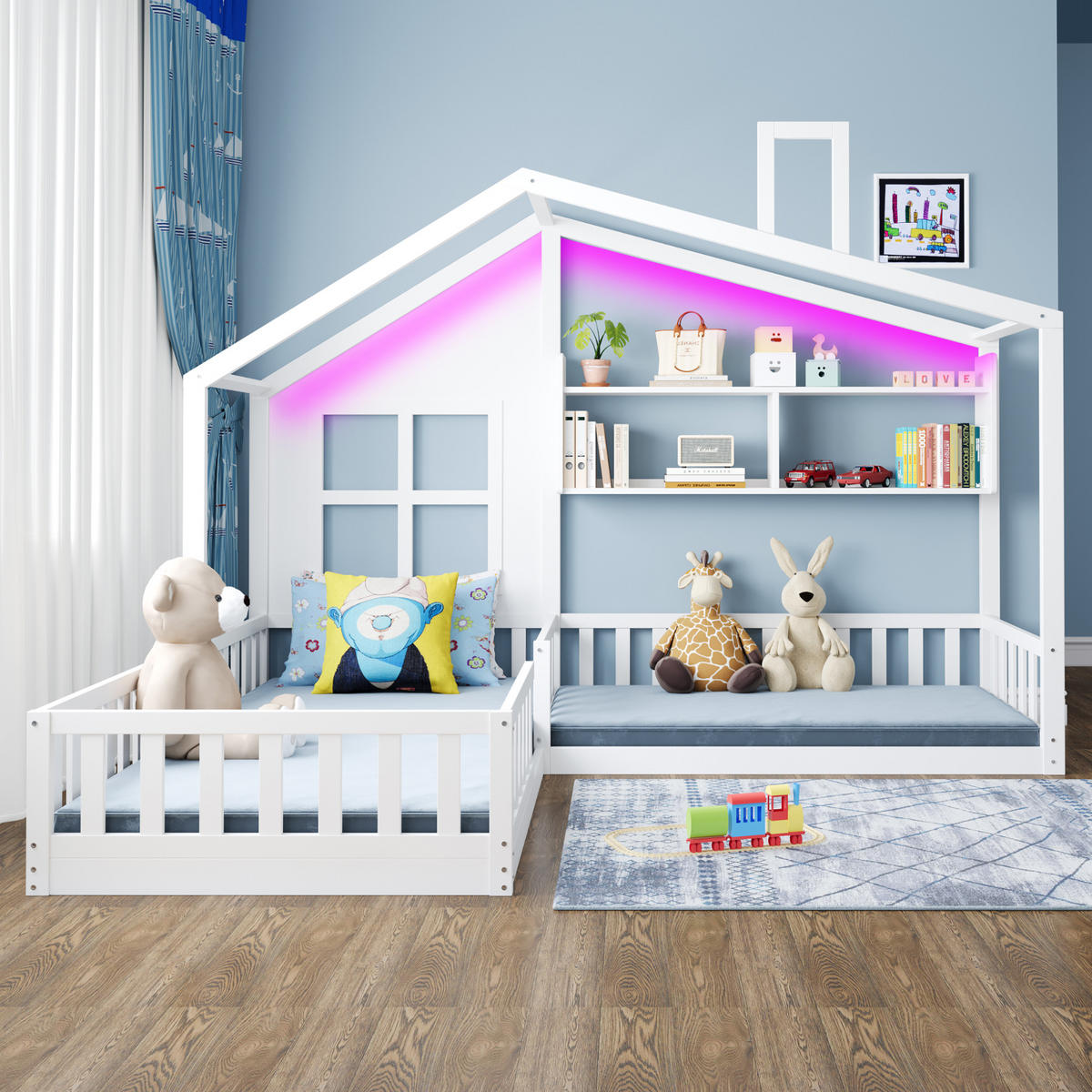 KINDERBETT 90/200 cm DE-01547, in Weiß, mit LED, Regalen und Sicherheitsgitter - Weiß, Holz (90/200cm) - ComfortXL