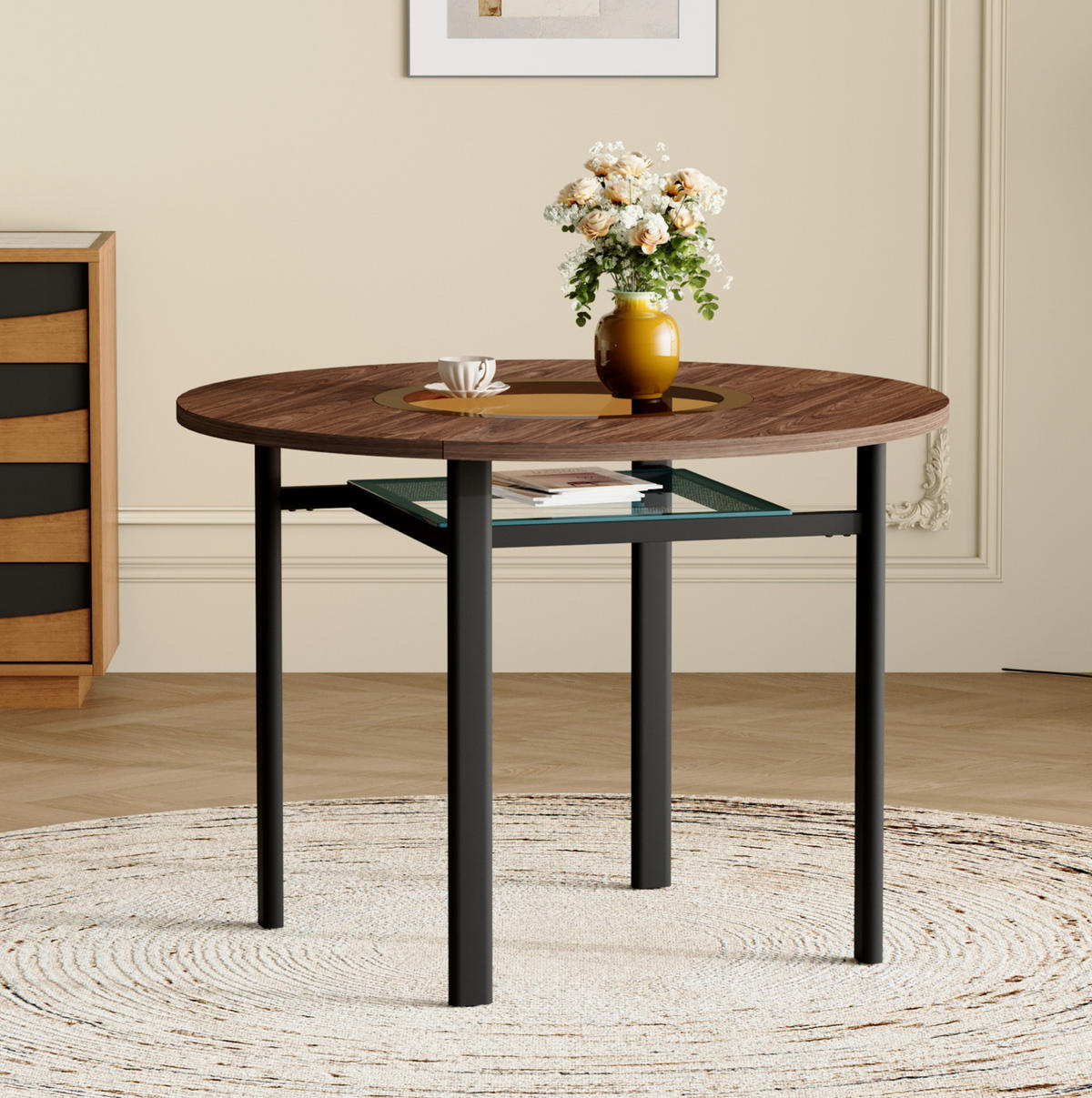 ESSTISCH 100 cm Braun/Schwarz aus Glas, Metall und MDF mit Glasintarsie - Braun, Holzwerkstoff (100/100/76cm) - OKMYHOME