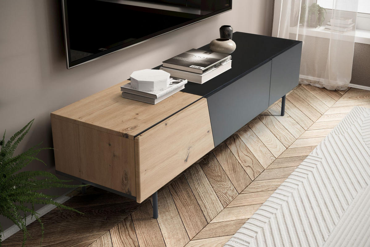 TV-LOWBOARD mit Eiche-Dekor, Türen und Schublade, modern, Braun-Schwarz 150x40x40 cm - Schwarz/Braun, Holzwerkstoff/Metall (150/40/40cm) - KADIMA DESIGN