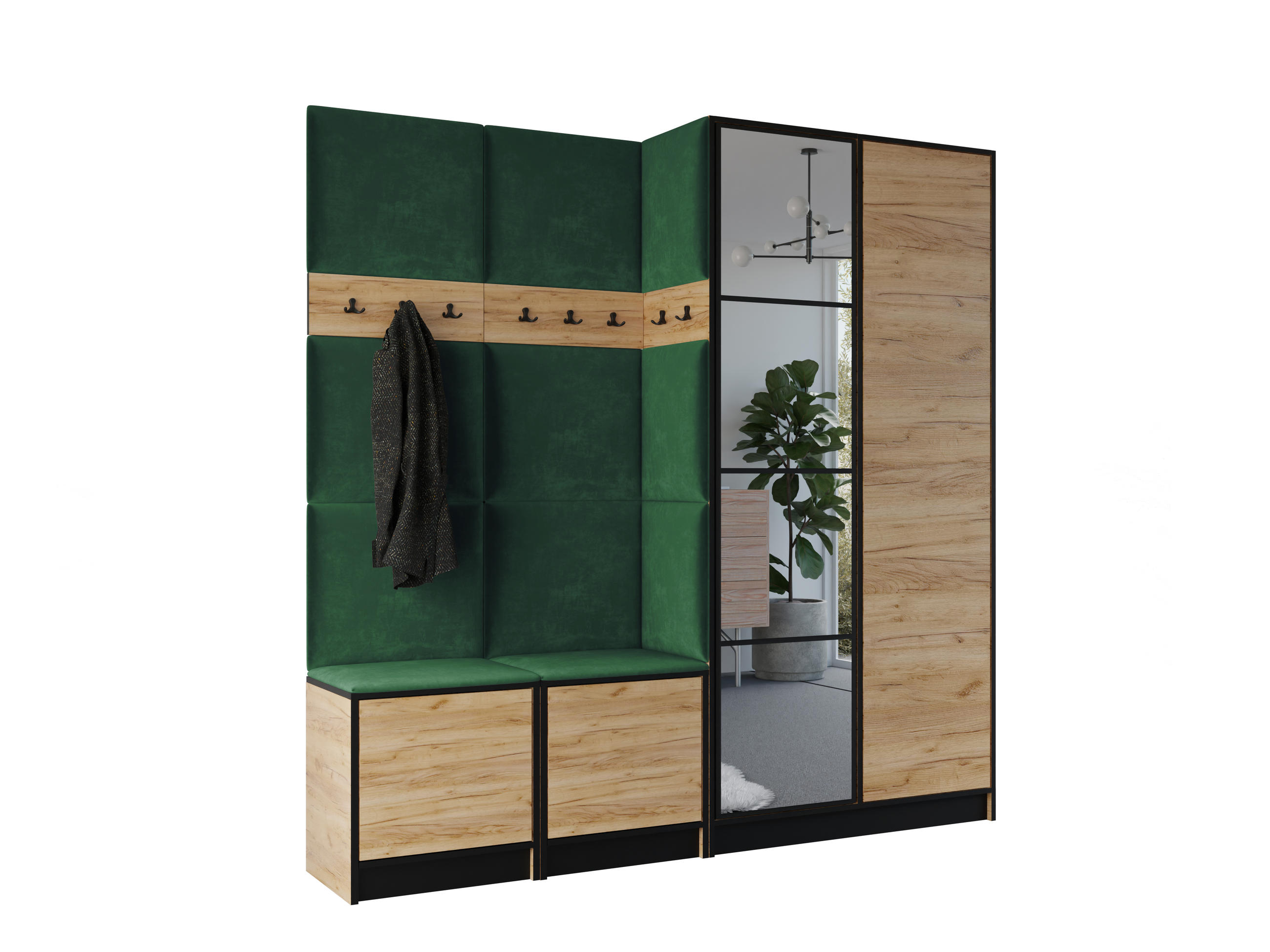 Kier Furniture ŠATNÍ SKŘÍŇ do předsíně EDEN 21 se zrcadlem - Dub Craft & zelená látka